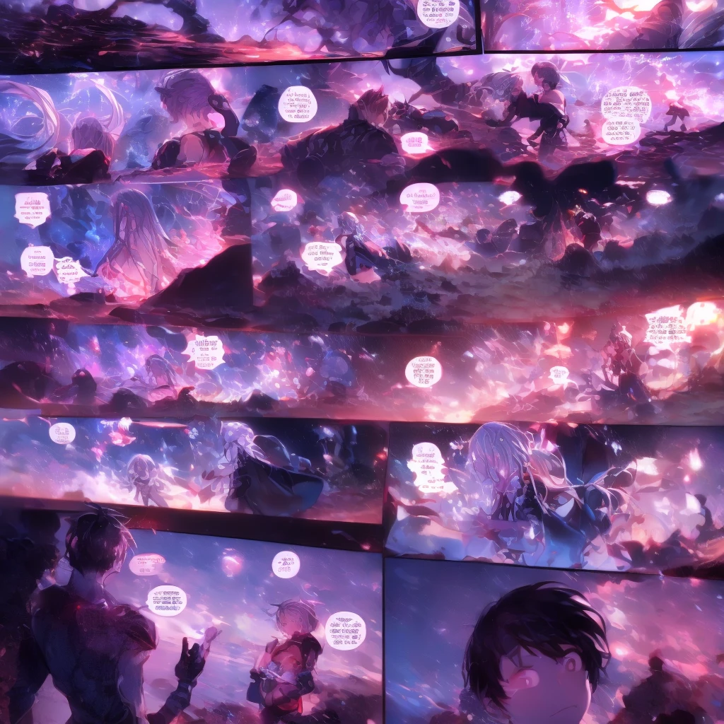 (masterpiece, highest quality), detailed, comics, boy,heart、like、One girl,女の子 has milky white hair on top, Purple gradient towards the edge.、Knitted with two knots、cyber punkセーラー服、 A 17-year-old high school student meets a boy and girl, Manga Page, Doujinshi, Download contents, anime, Branch Panel, (From right to left, Top to bottom), 1boy, (others boys, Various random faces, Various random hairs), (1boy, boy, Short white hair, cyber punk , detailedが満載)、One girl, Purple eyes, Long Hair, Twin Blade, Purple Hair, Multicolored Hair, Elbow hand pockets, bangs, very Long Hair,Exposing shoulders, Black Skirt, Grey Hair, dress, smile, Side cut-outs,Covered navel, Side cut-outs,