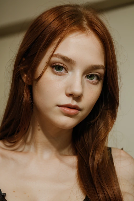Girl with thin face long red hair small lips green eyes 