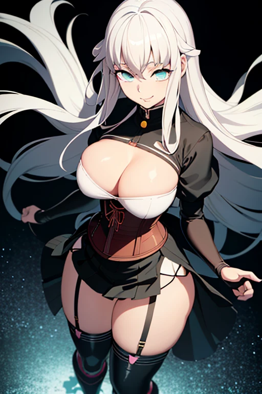 Big breasted anime girl, (corset dress: 1.2), (stockings), (Big smile), (whole body), (people々々I focus), (Long white hair), (View from above), (Hair in one eye),Enchanting anime girl, Best anime 4K, wallpapers, Attractive anime girl, 4k anime wallpaper, 4K Manga Wallpaper, Detailed digital anime art, Anime Best Girls, Beautiful Anime Girls, cyber punk, Detailed anime artwork, Beautiful and attractive anime women