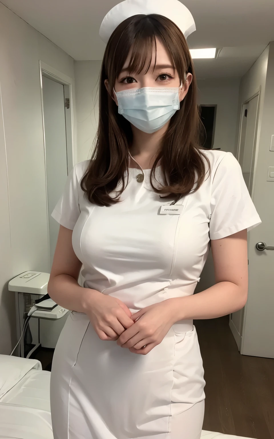 1 girl,(Wearing white nurse clothes:1.2),(RAW Photos, highest quality), (Realistic, photo-Realistic:1.4), masterpiece, Very delicate and beautiful, Very detailed, 2k wallpaper, wonderful, finely, Very detailed CG unity 8k wallpaper, Very detailed, High resolution, Soft Light, Beautiful detailed girl, Very detailed eyes and face, Beautiful and detailed nose, finely beautiful eyes, nurse, Perfect Anatomy, Black Hair, Upstyle, nurse uniform, ((mask)), Long skirt, nurse, White costume, thin, hospital, clear, White Uniform, hospital room, Neck auscultation,Bobcut