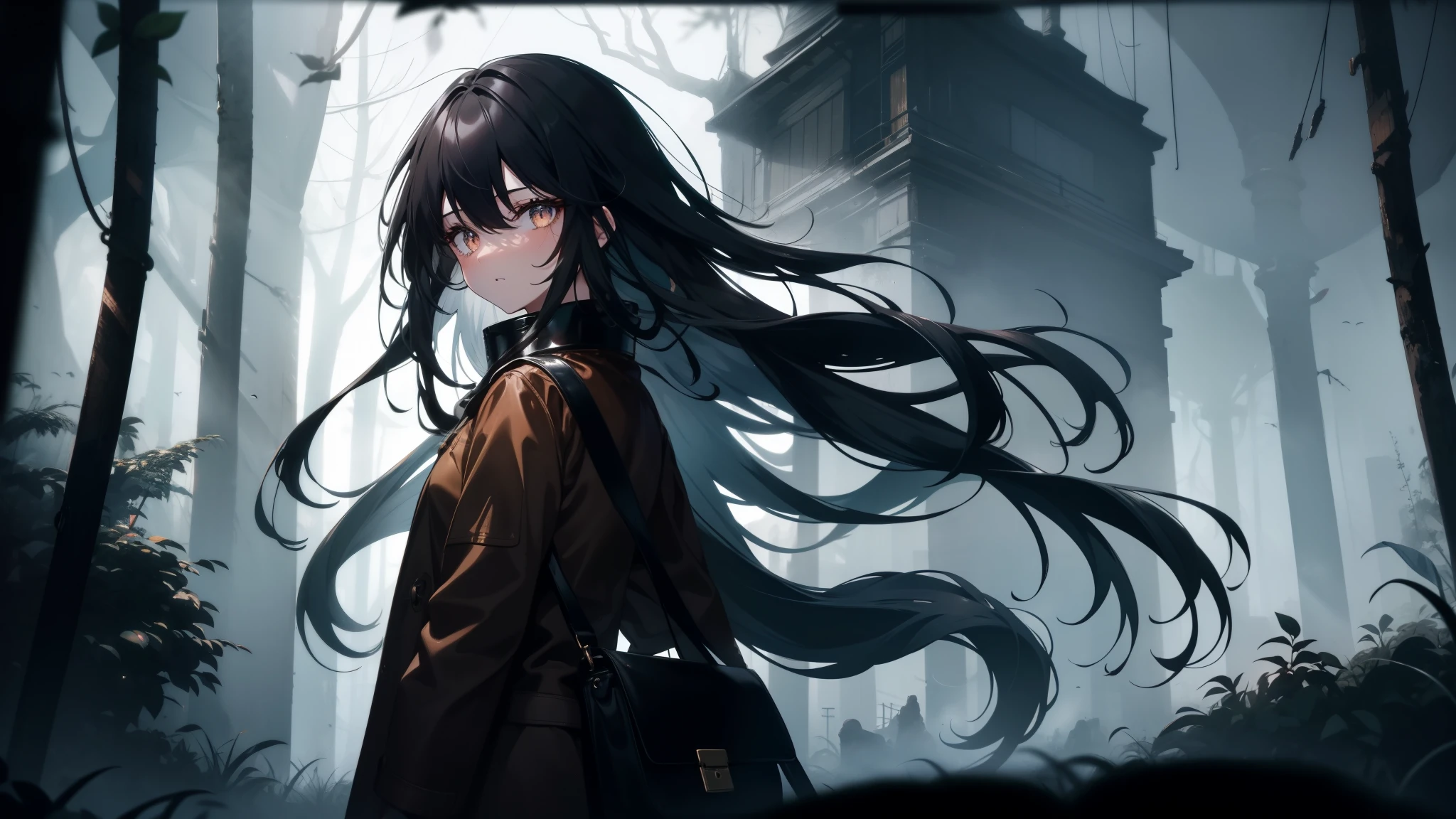 1 girl with jet black hair. Long messy hair. sunken eyes. eyebags. brown messenger bag. long brown coat with tall collar. foggy night in the woods on an old road. turned to the side looking back.