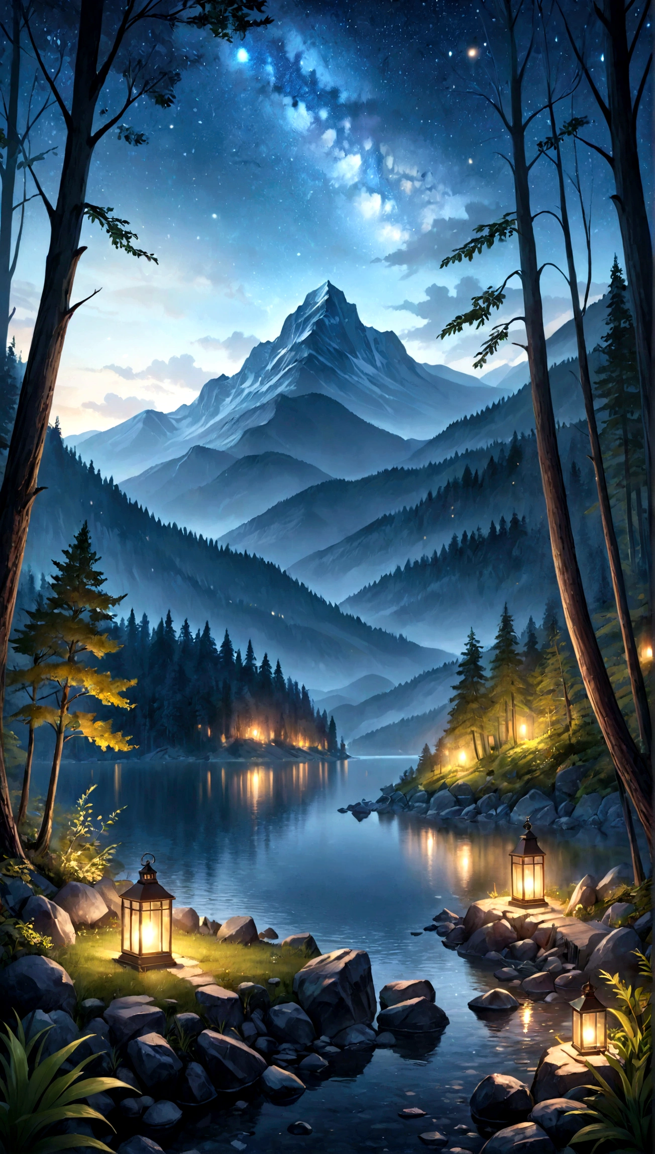 35mm photograph, film, bokeh, professional, beautiful fantasy forest with a mountain in the background and a lake at night with milyway in the sky, hyperrealistic, super realistic, sharp focus, 32k, (((masterpiece))) (((ultimate quality))), exquisite beauty, highiest texture resolution, photorealistic, fantasy setting, epic composition
