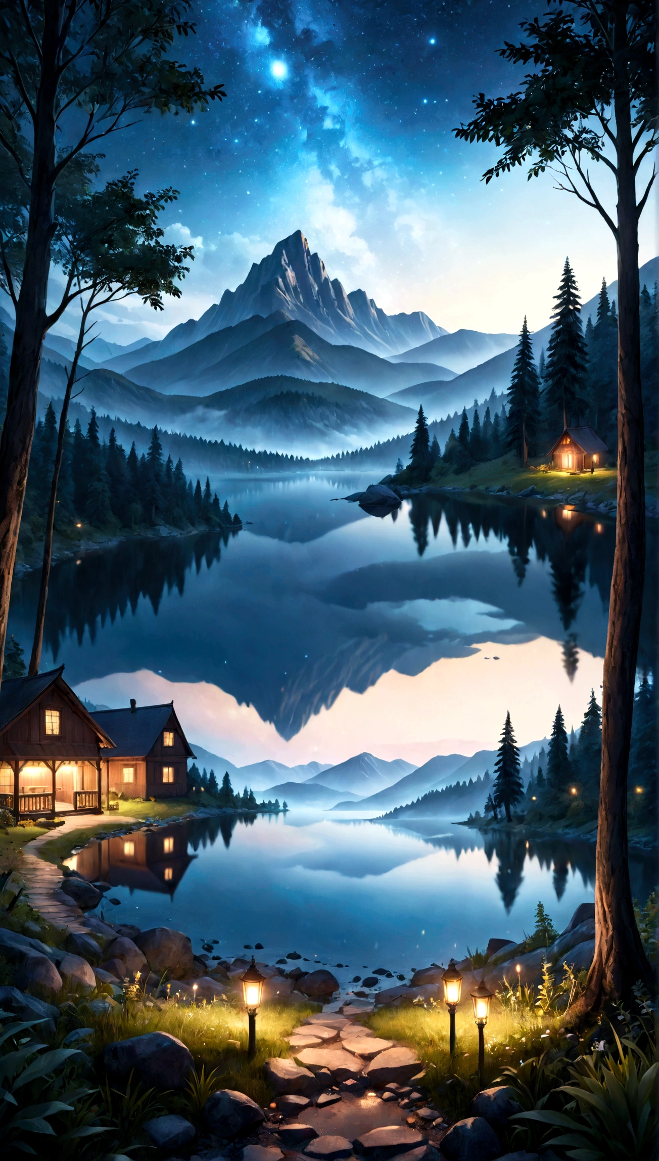 35mm photograph, film, bokeh, professional, beautiful fantasy forest with a mountain in the background and a lake at night with milyway in the sky, hyperrealistic, super realistic, sharp focus, 32k, (((masterpiece))) (((ultimate quality))), exquisite beauty, highiest texture resolution, photorealistic, fantasy setting, epic composition