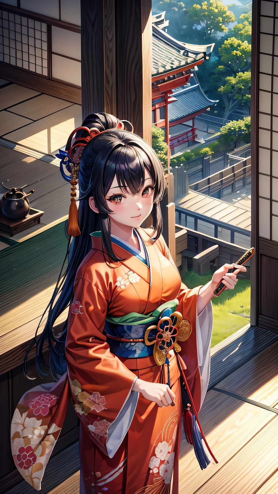 (best quality, highres:1.2), 4 characters, serene traditional Japanese house setting, lively and whimsical atmosphere, one character in an Onmyoji-inspired kimono, wielding both a sword and fan, meticulously detailed Sengoku-period elements, art by Katsuya Terada, created by Takeshi Miyazawa at Studio Naifu, 4K resolution, Manga-ka style featuring dense shading and a vibrant color palette. The intricate details of traditional Japanese elements are evident in the clothing and accessories, while the expressions of the characters convey camaraderie and playfulness. The kimono-clad character