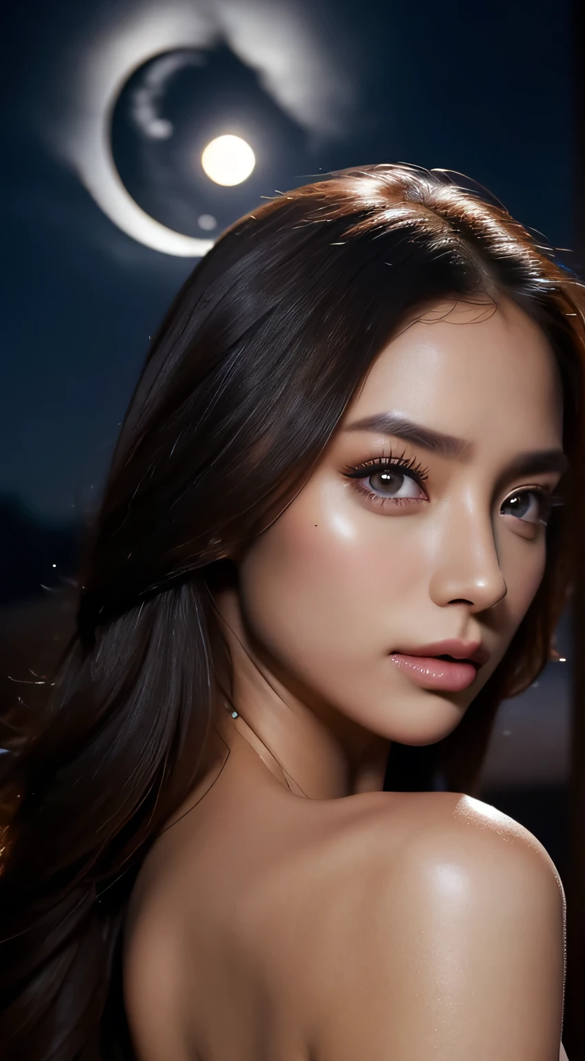 beautiful woman wearing a dress,Upper body portrait、8k,Beautiful details in the eyes,Dindal effect、masterpiece, 最high quality, high quality, High resolution、Super detailed photos、(Natural skin texture、Detailed skin、Hyperrealism、Ultra Sharpness)、Skin with attention to detail、(Very detailed、Detailed skin texture、Intricate details、Beautiful Face、(A vivid face)、Realistic eyes、Beautiful and fine details、Realistic Skin、Beautiful skins、Surreal、Very detailed、Golden Ratio、((Night moonlight background))、Upper body portrait