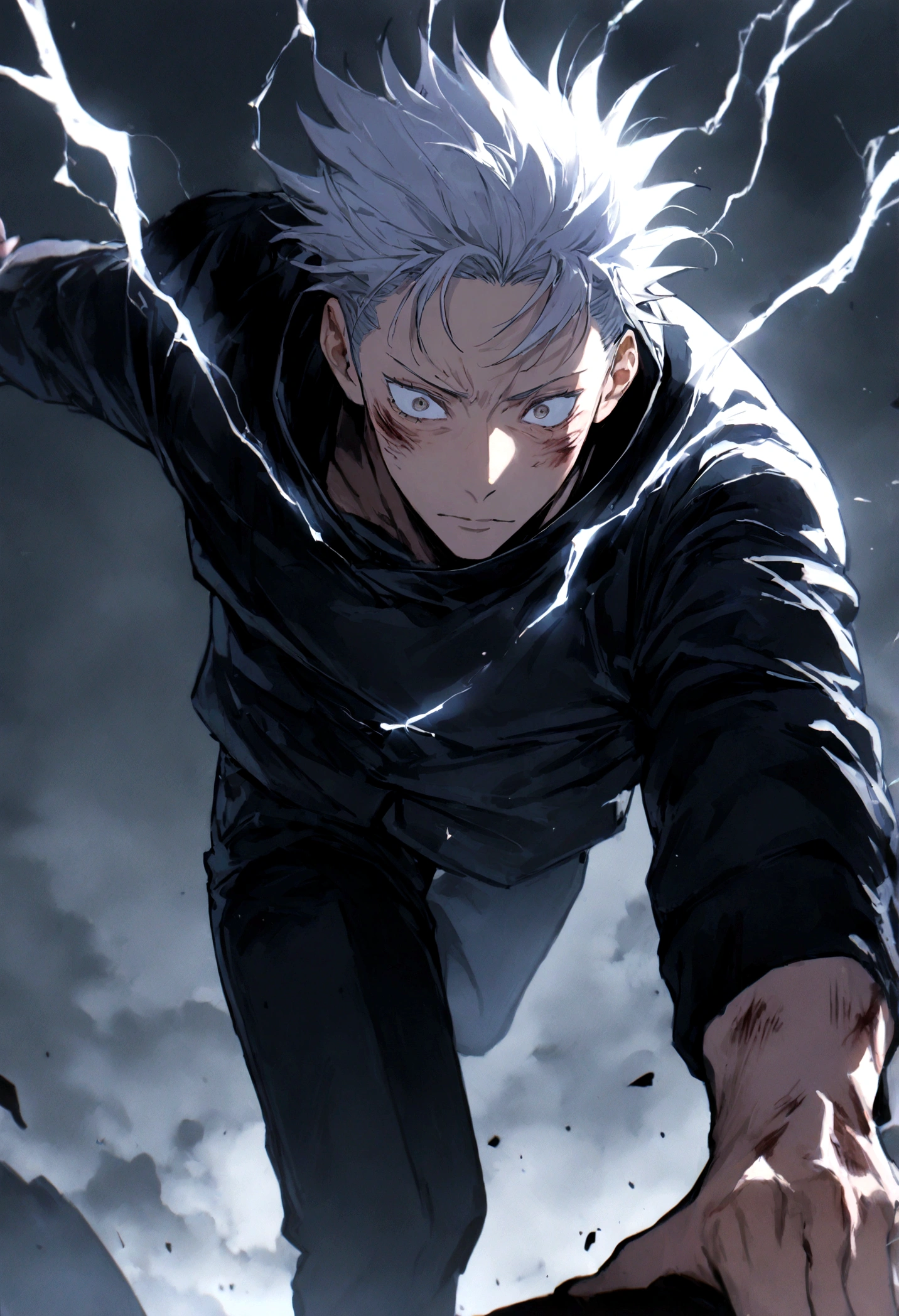 1 boy, white blindfold, short white hair, tight black shirt, white earrings, combat stance