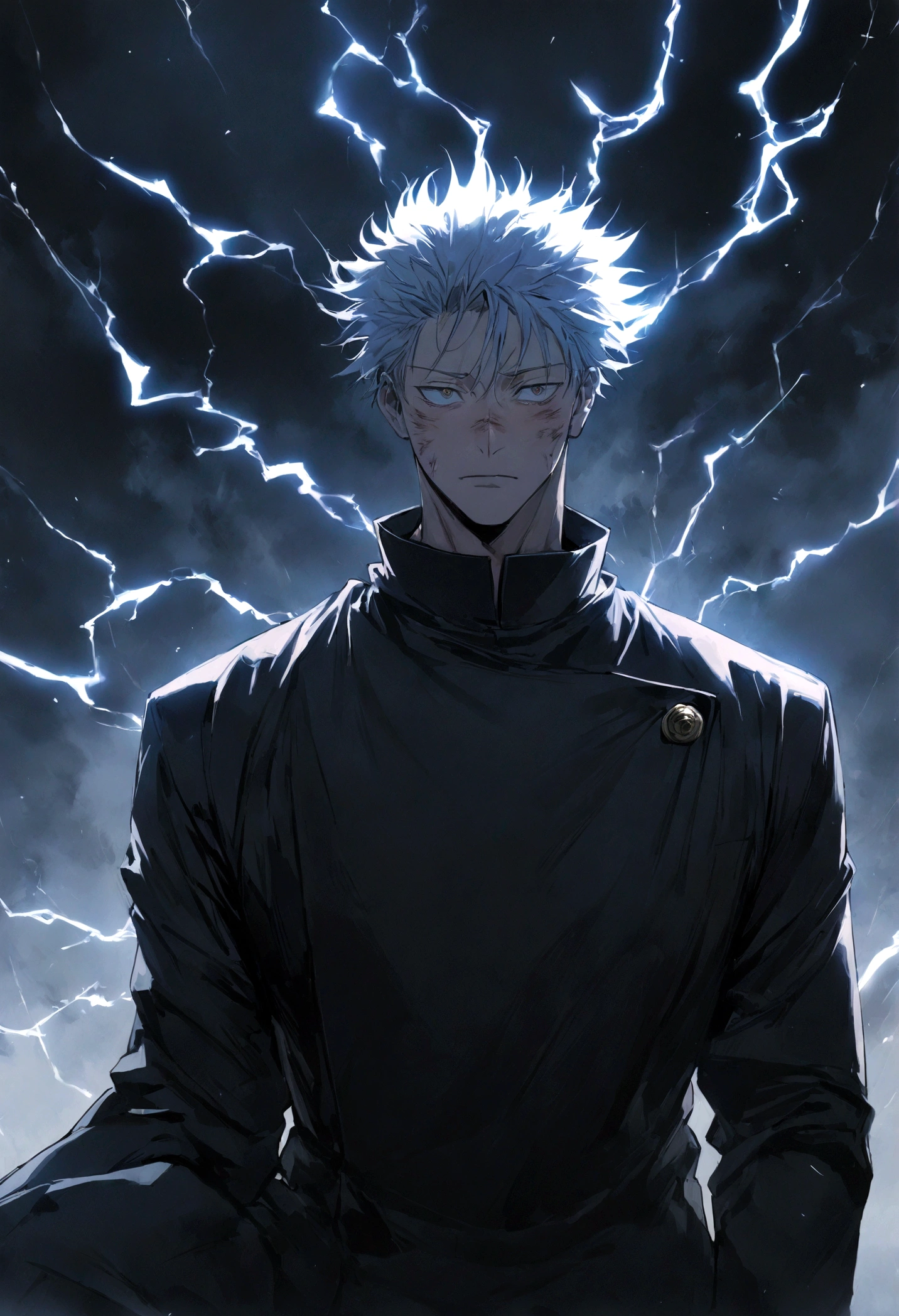 1 boy, Men's Center, Satoru gojou,Jujutsu Kaisen、Injury, electricity,, masterpiece, highest quality, so beautiful,