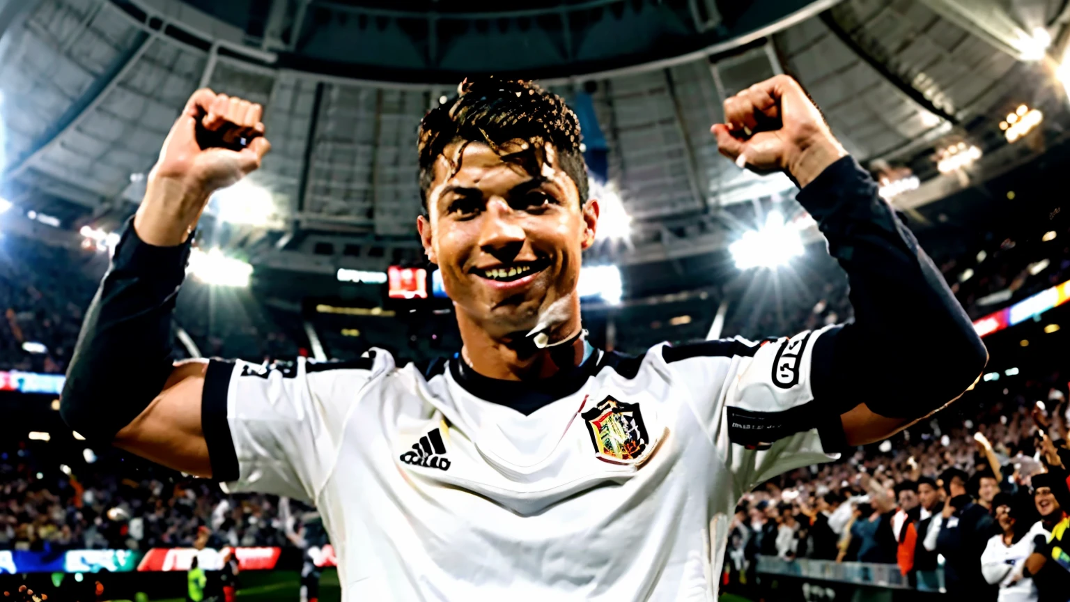 Describe an image of Cristiano Ronaldo, the famous Portuguese footballer, wearing the Corinthians shirt. He is very happy, with a big smile on his face, as he raises his arms in celebration, in a stadium full of cheering fans in the background. The colours of the Corinthians shirt, black and white, are clearly visible, and the club logo is very prominent on Cristiano Ronaldo's chest. The atmosphere is one of joy and celebration, reflecting Ronaldo's happiness at being part of the team.