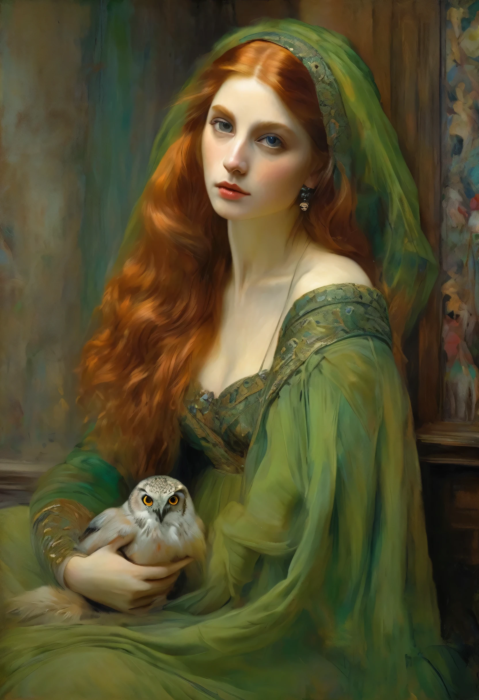 oil painting, beautiful, style degas, perfect hands, red-haired woman, oil painting, beautiful woman, holding owls, beautiful eyes, long hair, wearing rich green clothes, veil, earring, with details, ultra-detailed, classical art, detailed fur texture, vivid colors, piercing eyes, delicate brushstrokes, Renaissance atmosphere, soft lighting, timeless elegance, aged canvas effect, charming pose, intricate details, fine craftsmanship, realistic facial features, mysterious expression, seamless blending of colors, graceful posture