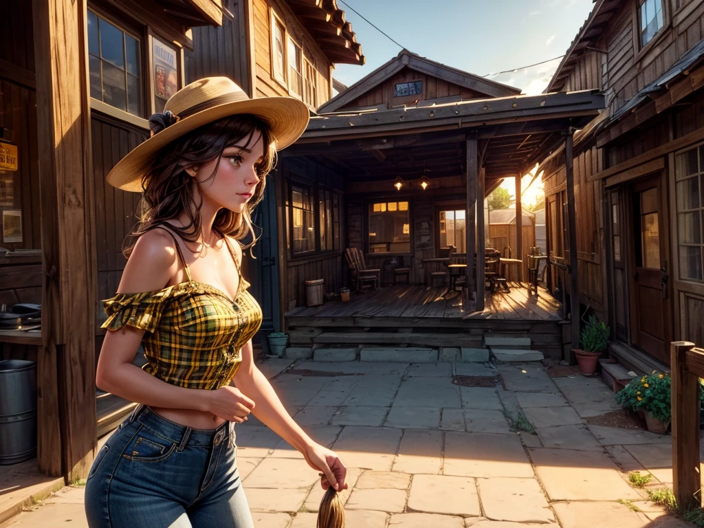 Hyper realistic, A beautiful woman with a slender waist and snappy hips, in country style (thin yellow and black plaid dress shirt, fitted and tight shirt), standing out in a western city. Her tanned skin shines in the setting sun, “sweat”, large symmetrical and radiant green eyes, wavy brown hair falls gently over her shoulders. She wears a brown cowboy hat, a thin yellow and black plaid, tight-fitting dress shirt, faded jeans, and embroidered leather boots. It is on a dirt street surrounded by typical western wooden buildings. The local saloon has swinging doors and a porch where the cowboys chat. The barbershop has a rotating plate and the blacksmith shop next door is active with the sound of hammering. Horses tied to wooden posts and a hay cart passing by complete the scene. The golden light of the sunset casts shadows and bathes the city in a warm glow, capturing the vibrant essence of the Old West.