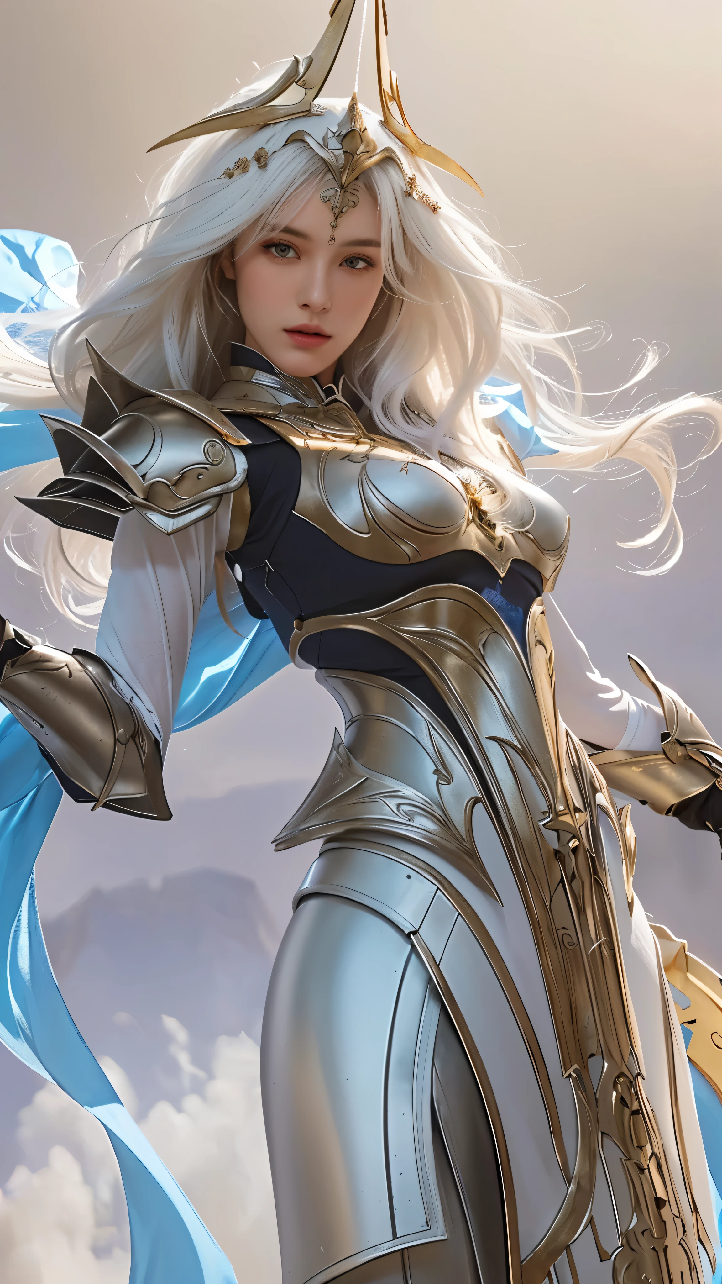a beautiful woman with long light white hair, gorgeous detailed woman, detailed portrait of a female paladin, stunning detailed eyes, beautiful detailed lips, extremely detailed face and skin, intricate detailed armor, high fantasy armor, glowing holy aura, dramatic lighting, cinematic lighting, digital art, 8k, photorealistic, hyper detailed, masterpiece, concept art, highly detailed