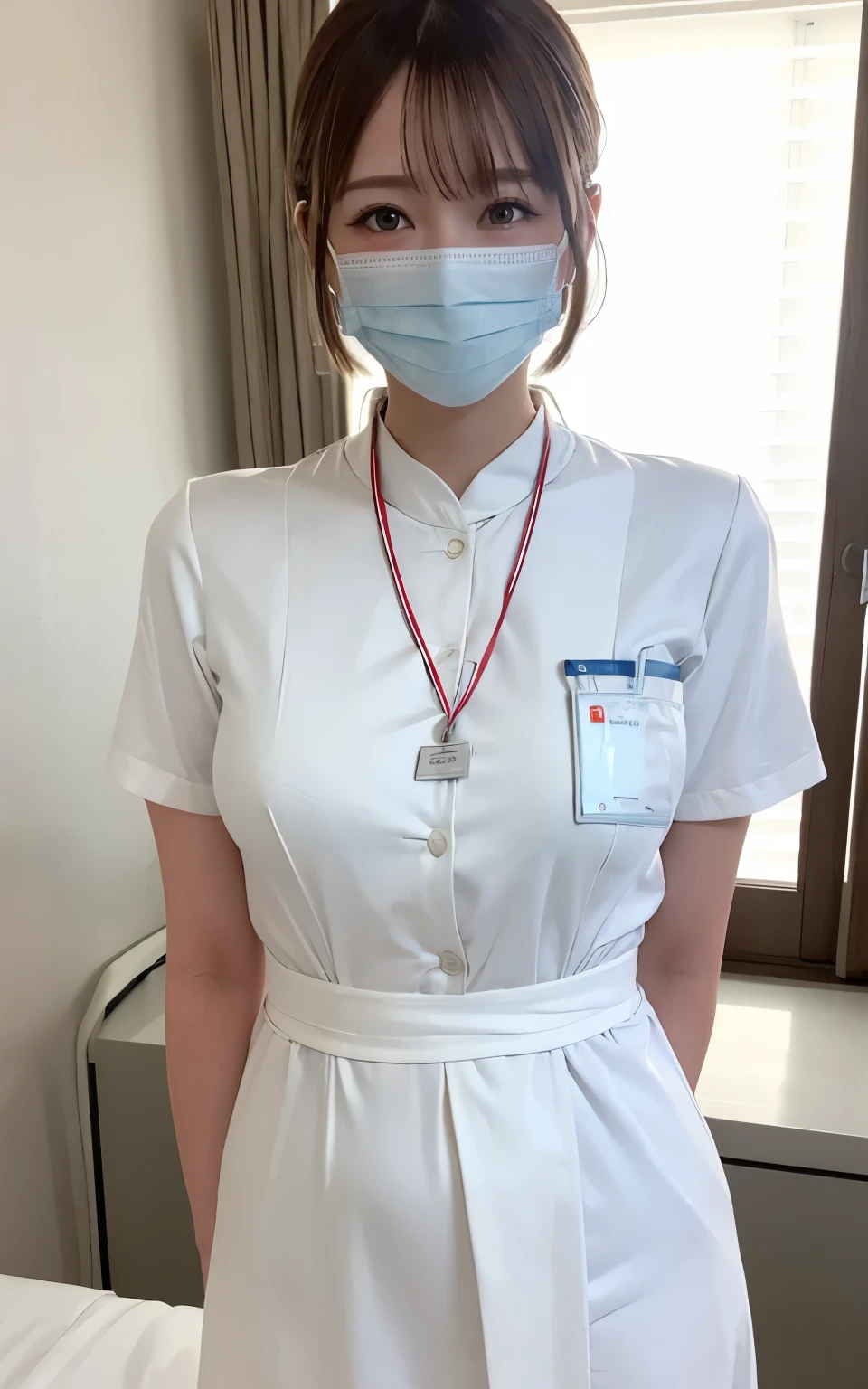 1 girl,(Wearing white nurse clothes:1.2),(RAW Photos, highest quality), (Realistic, photo-Realistic:1.4), masterpiece, Very delicate and beautiful, Very detailed, 2k wallpaper, wonderful, finely, Very detailed CG unity 8k wallpaper, Very detailed, High resolution, Soft Light, Beautiful detailed girl, Very detailed eyes and face, Beautiful and detailed nose, finely beautiful eyes, nurse, Perfect ???????, Black Hair, Upstyle, nurse uniform, ((mask)), Long skirt, nurse, White costume, thin, hospital, clear, White Uniform, hospital room, Neck auscultation,Bobcut