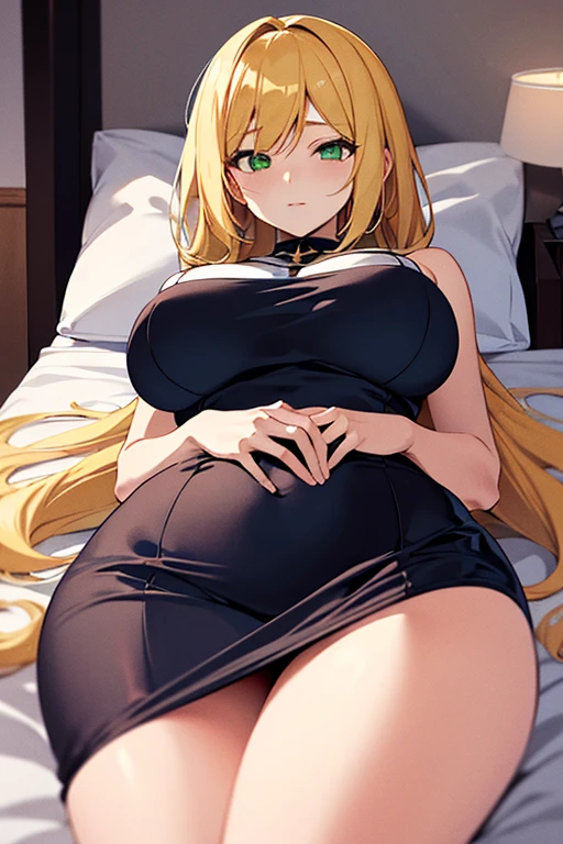 Create a 24-year-old anime girl lying in bed with big breasts and wide hips, green eyes and a landscape of a luxurious room., cambia el color de pelo a rojo