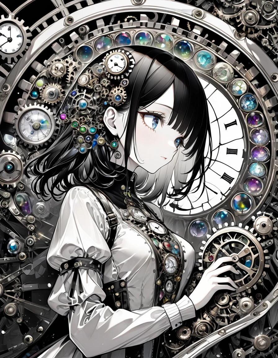 best quality, super fine, 16k, incredibly absurdres, extremely detailed, delicate and dynamic, stained glass kaleidoscope made of jewels of various colors, with mechanical mechanisms, clockwork mechanisms, and gear mechanisms, monochrome girl peering into it, iridescent world artwork 