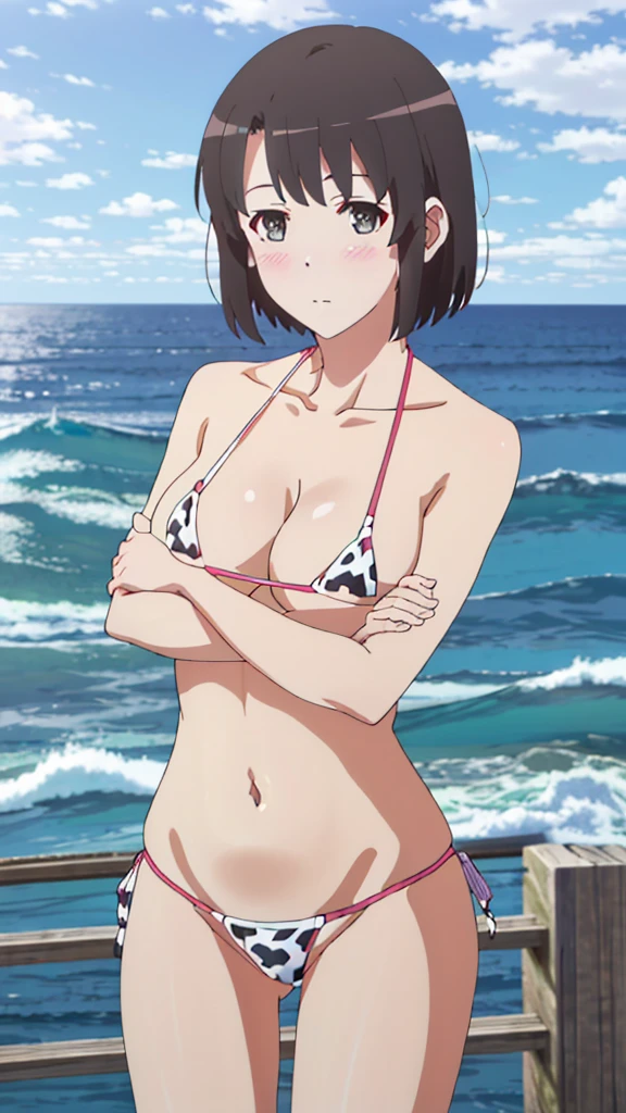 (masterpiece, 4K, highest quality, anime style: 1.9, Detailed face, Lovely, Ocean,Bold Line, High resolution, anime, Lake 4. alone, Curvaceous, Thighs, Cleavage, Center of chest, Very slim belly, Cowboy Shot, (Cow print micro bikini),1 girl,megumi katou,short hair,((blush,Glare)),Accurate limbs