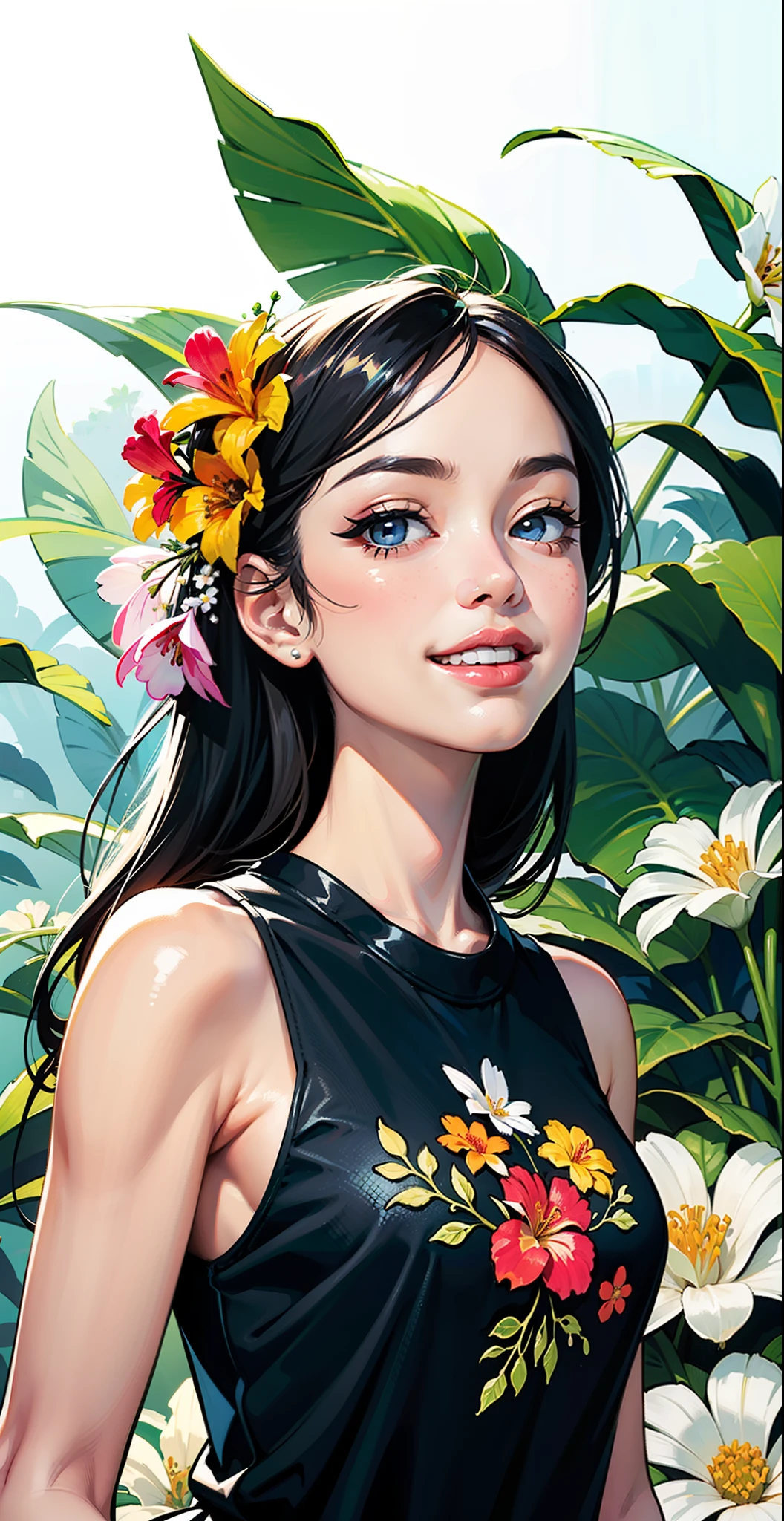 Create digital artwork in the Pop Art style, Featuring a vibrant and confident young Asian girl,street fashion, Movie color scheme, big smile, wink eye, Surrounded by vintage flower motifs, Vibrant brushstrokes,Emotions should be dynamic, Upper body, Drawing, illustration, escala cinza, tropical, Many flowers,