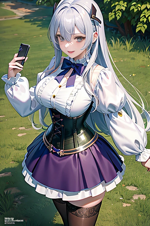 Big breasted anime girl, (corset dress: 1.2), (stockings), (Big smile), (whole body), (people々々I focus), (Long white hair), (View from above), (Hair in one eye),Enchanting anime girl, Best anime 4K, wallpapers, Attractive anime girl, 4k anime wallpaper, 4K Manga Wallpaper, Detailed digital anime art, Anime Best Girls, Beautiful Anime Girls, cyber punk, Detailed anime artwork, Beautiful and attractive anime women