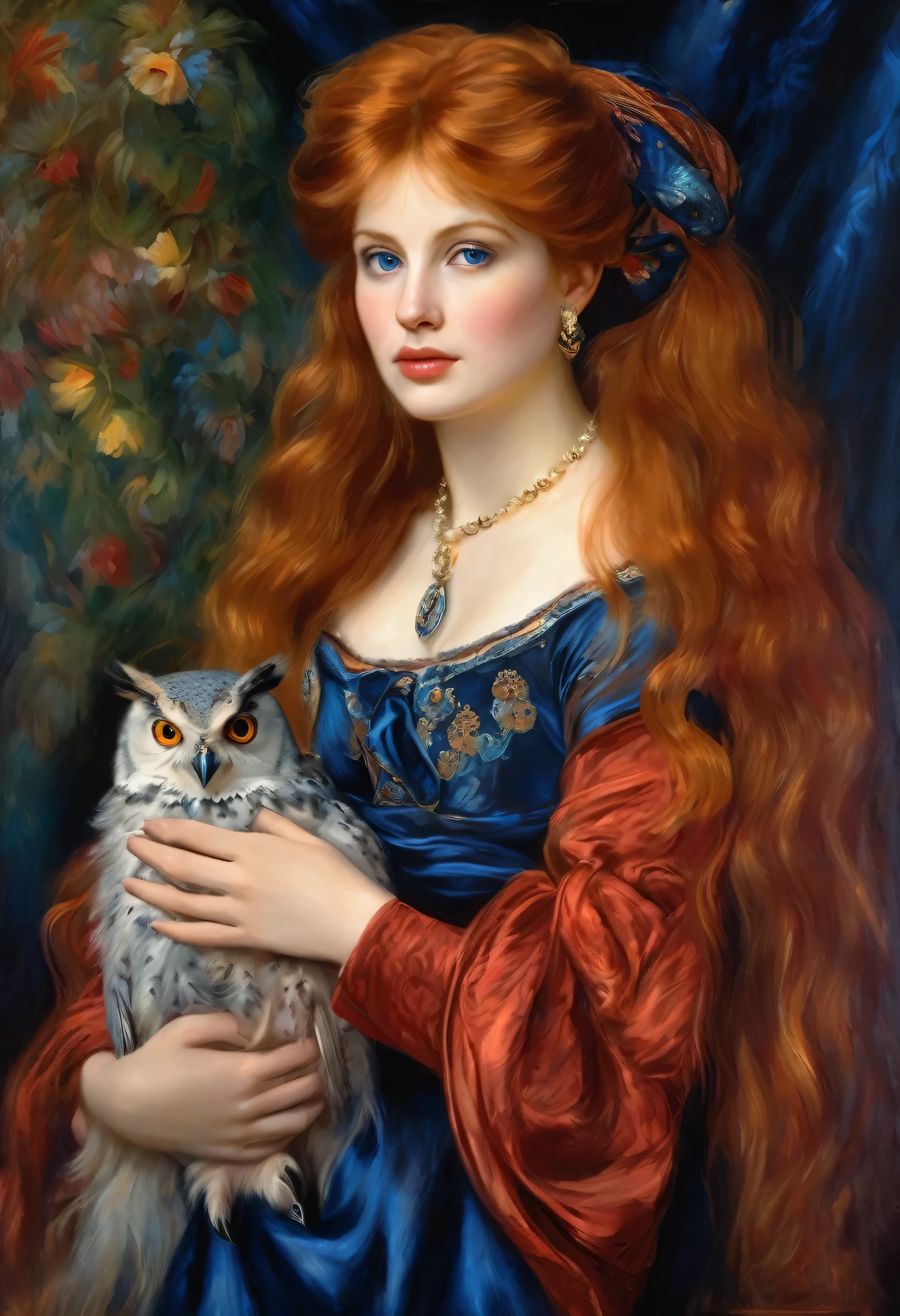 oil painting, beautiful, style renoir red-haired woman, oil painting, beautiful woman, holding owls, beautiful eyes, long hair, wearing rich blue clothes, veil, earring, with details, ultra-detailed, classical art, detailed fur texture, vivid colors, piercing eyes, delicate brushstrokes, Renaissance atmosphere, soft lighting, timeless elegance, aged canvas effect, charming pose, intricate details, fine craftsmanship, realistic facial features, mysterious expression, seamless blending of colors, graceful posture