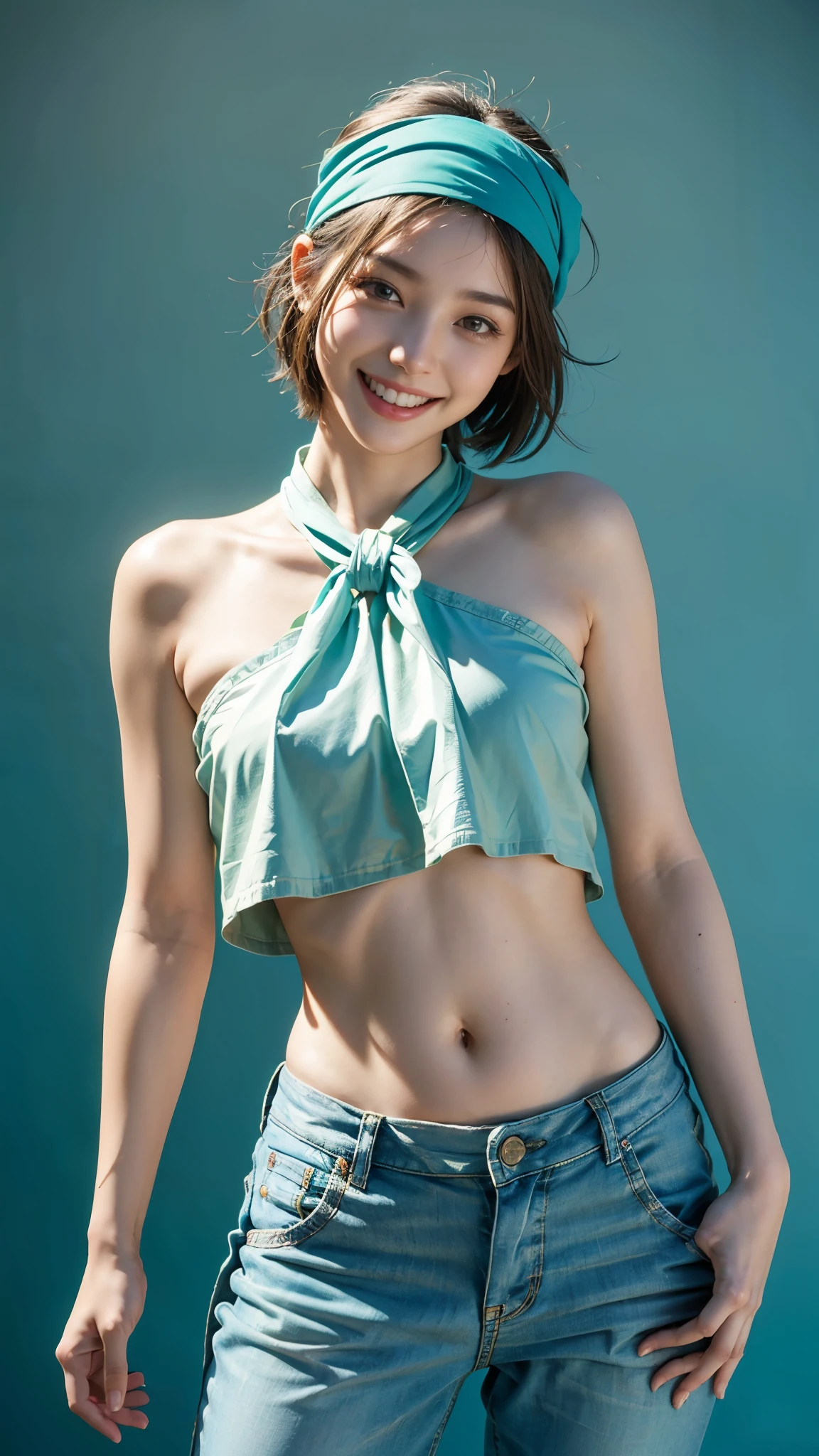 highest quality, masterpiece, Ultra-high resolution,8k, (Realistic:1.6), (Facing portraits) RAW Photos, 1 girl,(Full of smiles, Showing teeth)), 22 years old,((Belly button fashion)),((Hot pants uniform)),((turquoise short hair)),((Wear a bandana on your head)),((Looking up at the audience)),Face Focus:1.4,((Simple solid color background)), Image Media Chest)),((Smiling with teeth showing)),
