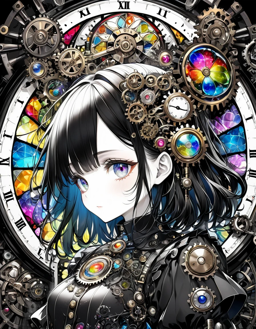 best quality, super fine, 16k, incredibly absurdres, extremely detailed, delicate and dynamic, stained glass kaleidoscope made of jewels of various colors, with mechanical mechanisms, clockwork mechanisms, and gear mechanisms, monochrome girl peering into it, iridescent world artwork