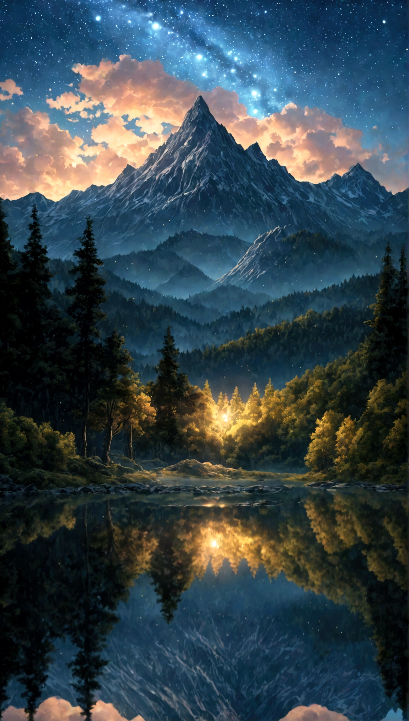 35mm photograph, film, bokeh, professional, beautiful fantasy forest with a mountain in the background and a lake at night with milyway in the sky, hyperrealistic, super realistic, sharp focus, 32k, (((masterpiece))) (((ultimate quality))), exquisite beauty, highiest texture resolution, photorealistic, fantasy setting, epic composition
