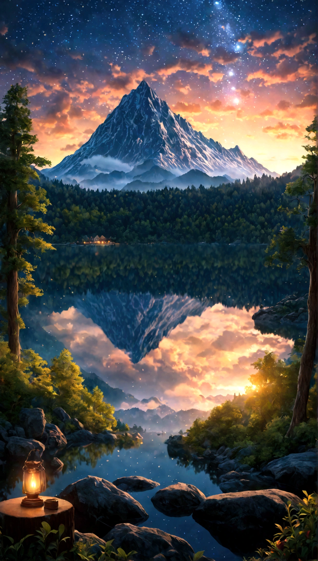 35mm photograph, film, bokeh, professional, beautiful fantasy forest with a mountain in the background and a lake at night with milyway in the sky, hyperrealistic, super realistic, sharp focus, 32k, (((masterpiece))) (((ultimate quality))), exquisite beauty, highiest texture resolution, photorealistic, fantasy setting, epic composition