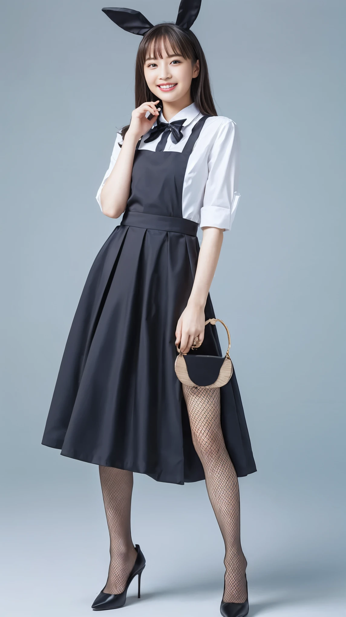 Bunny girl in maid clothes:1.5,Wearing light blue fishnet stockings:1.5,The best smile:1.5,Full Body Shot:1.5,Gray background:1.5,Wearing black high heels:1.5,