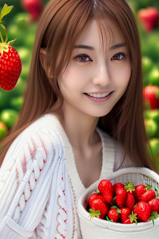 (((Strawberry Picking:1.5, White sweater, Basket full of strawberries:1.5))), Dynamic, cinematic photos,(Ultra Realistic, High resolution), (Highly detailed eyes, Highly detailed hair, highly Detailed face, Highly detailed plump lips，Perfect Anatomy),(highest quality:1.4), (Realistic, photo-Realistic:1.37), Professional photography, Cinematic Light, (Detailed face: 1.2), Brunette woman,slim,(Beautiful leg lines ),(Famous Japanese actresses:1.2), RAW Photos, Highly detailed skin,very thin fingers, Highly detailed nose, Highly detailed mouth,Highly detailed background, smile