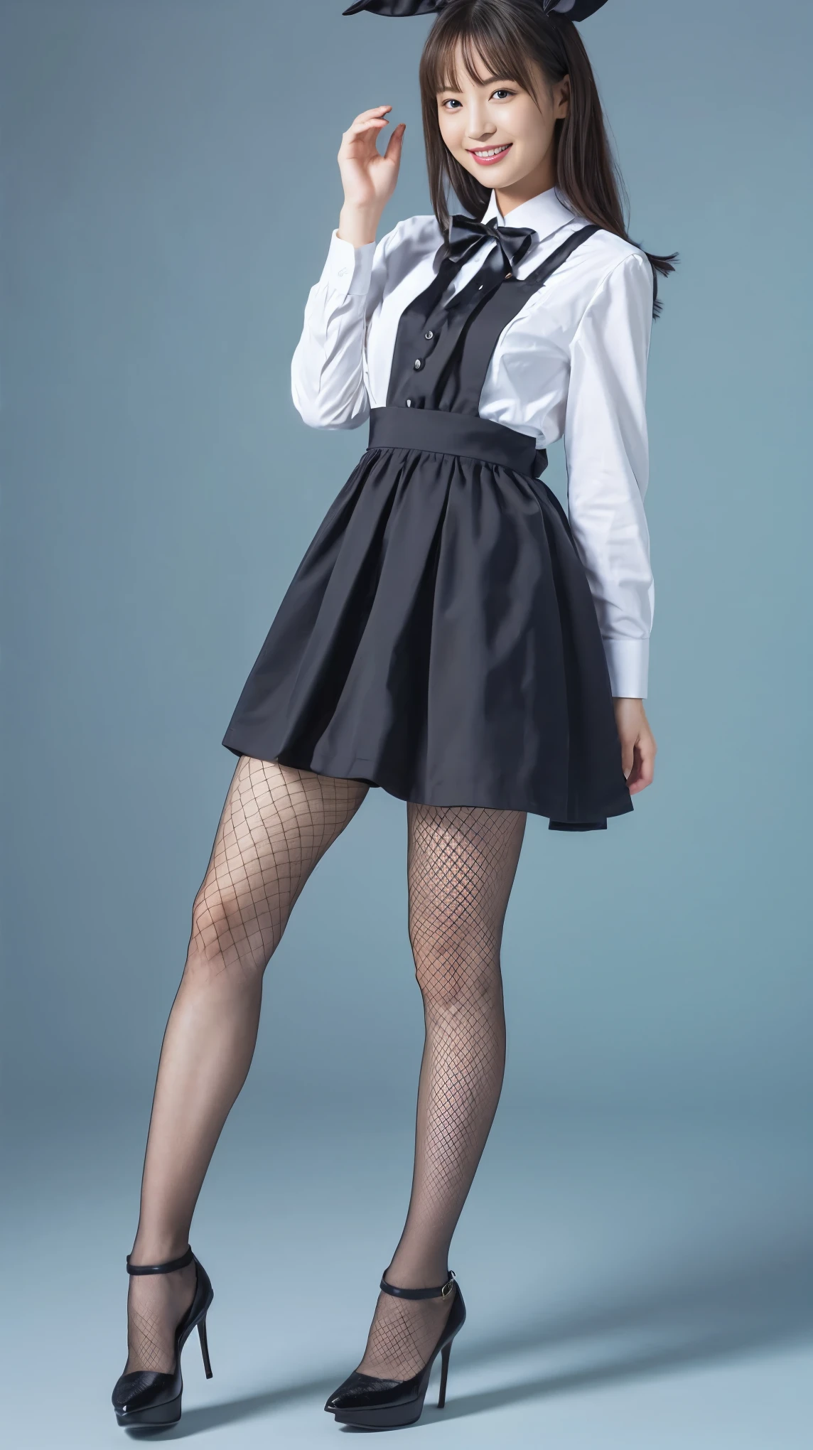 Bunny girl in maid clothes:1.5,Wearing light blue fishnet stockings:1.5,The best smile:1.5,Full Body Shot:1.5,Gray background:1.5,Wearing black high heels:1.5,
