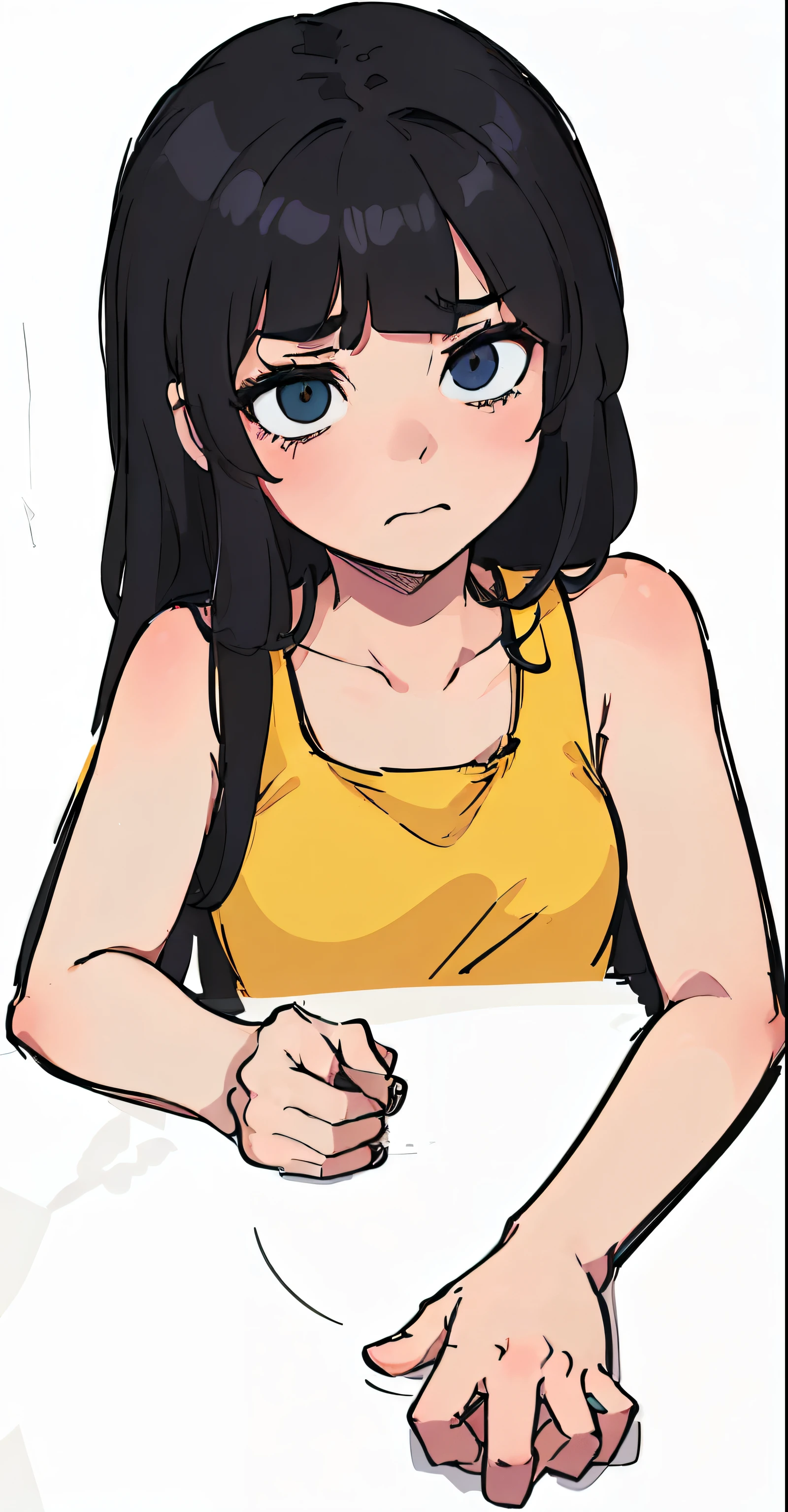 Anime girl in a top and black pants holding a black object, with a A sad expression, By New Art, unknown art style, ( ( Jitter ) ), Cartoon shading art style, A sad expression, Heavy hand gesture style close-up, jaidenanimations, Bored expression, Flat anime-style shadows, depressed A sad expression, She had an indifferent expression