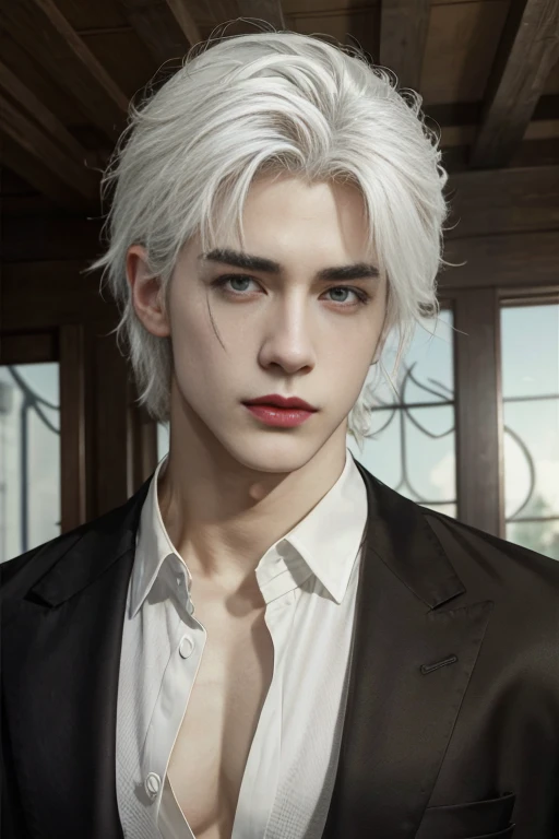 masterpiece, best quality, handsome 25 year old, fair skin male, white hair, perfect face, chest abs, masculine, black clothes,