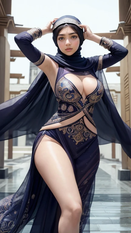 (Masterpiece, top quality, best quality, official art, beautiful and aesthetic: 1.2)
(1girl)
(Hyuga Hinata from Naruto anime, radiant white eyes, captivating with Byakugan eyes)
(Beautiful, ethnic allure in sexy clothes)
(Majestically posing against a mosque background, wearing a hijab that covers her head)
(Ultra detail, realistic representation of fabric texture, wrinkles, and intricate hijab design)
(Her mesmerizing eyes reflecting tranquility and strength, gaze fixed on the viewer), alluring, glamorous, slim waist, sexy, portrait, Long hair fluttering in the wind
