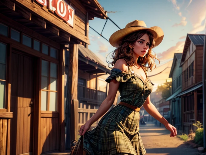 {Hyper realistic dynamic vision, sharp clean image and UHD 16K} A beautiful woman with a slim waist and snapper hips, in country style (yellow and black plaid thin dress shirt, tight fitted shirt), standing out in a western city. Her tanned skin shines in the setting sun, “sweat”, large symmetrical and radiant green eyes, wavy brown hair falls gently over her shoulders. She wears a brown cowboy hat, a thin yellow and black plaid, tight-fitting dress shirt, faded jeans, and embroidered leather boots. It is on a dirt street surrounded by typical western wooden buildings. The local saloon has swinging doors and a porch where the cowboys chat. The barbershop has a rotating plate and the blacksmith shop next door is active with the sound of hammering. Horses tied to wooden posts and a hay cart passing by complete the scene. The golden light of the sunset casts shadows and bathes the city in a warm glow, capturing the vibrant essence of the Old West.