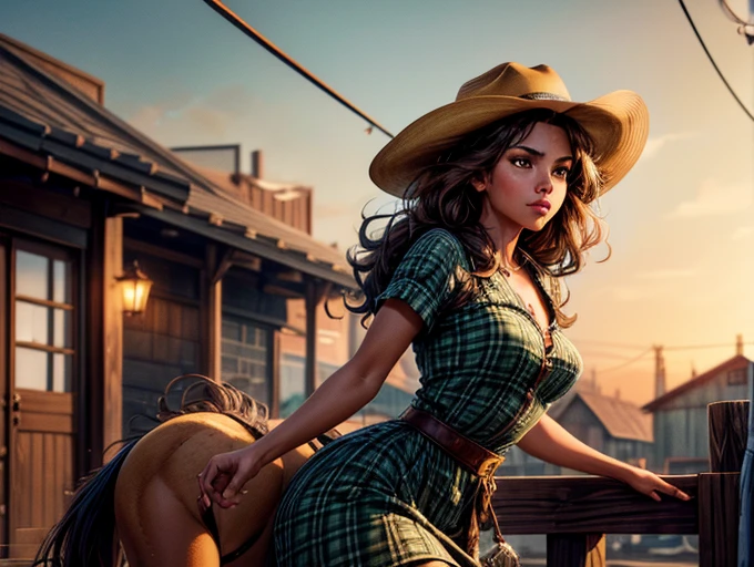 {Hyper realistic dynamic vision, sharp clean image and UHD 16K} A beautiful woman with a slim waist and snapper hips, in country style (yellow and black plaid thin dress shirt, tight fitted shirt), standing out in a western city. Her tanned skin shines in the setting sun, “sweat”, large symmetrical and radiant green eyes, wavy brown hair falls gently over her shoulders. She wears a brown cowboy hat, a thin yellow and black plaid, tight-fitting dress shirt, faded jeans, and embroidered leather boots. It is on a dirt street surrounded by typical western wooden buildings. The local saloon has swinging doors and a porch where the cowboys chat. The barbershop has a rotating plate and the blacksmith shop next door is active with the sound of hammering. Horses tied to wooden posts and a hay cart passing by complete the scene. The golden light of the sunset casts shadows and bathes the city in a warm glow, capturing the vibrant essence of the Old West.