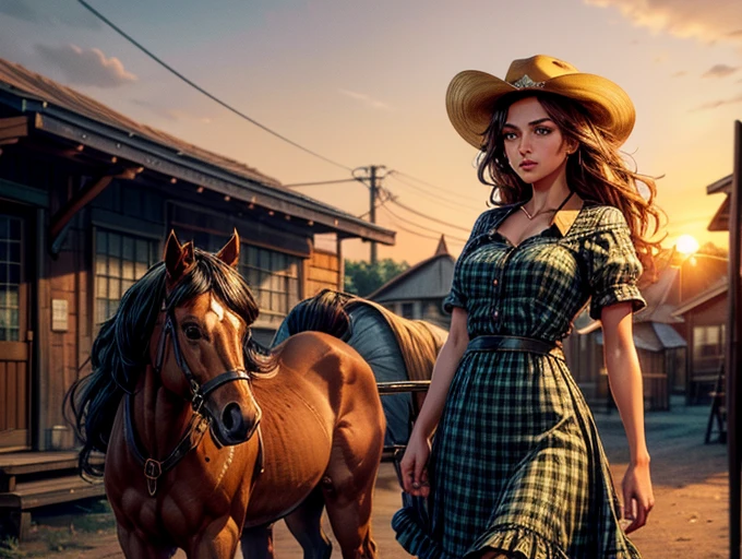 {Hyper realistic dynamic vision, sharp clean image and UHD 16K} A beautiful woman with a slim waist and snapper hips, in country style (yellow and black plaid thin dress shirt, tight fitted shirt), standing out in a western city. Her tanned skin shines in the setting sun, “sweat”, large symmetrical and radiant green eyes, wavy brown hair falls gently over her shoulders. She wears a brown cowboy hat, a thin yellow and black plaid, tight-fitting dress shirt, faded jeans, and embroidered leather boots. It is on a dirt street surrounded by typical western wooden buildings. The local saloon has swinging doors and a porch where the cowboys chat. The barbershop has a rotating plate and the blacksmith shop next door is active with the sound of hammering. Horses tied to wooden posts and a hay cart passing by complete the scene. The golden light of the sunset casts shadows and bathes the city in a warm glow, capturing the vibrant essence of the Old West.