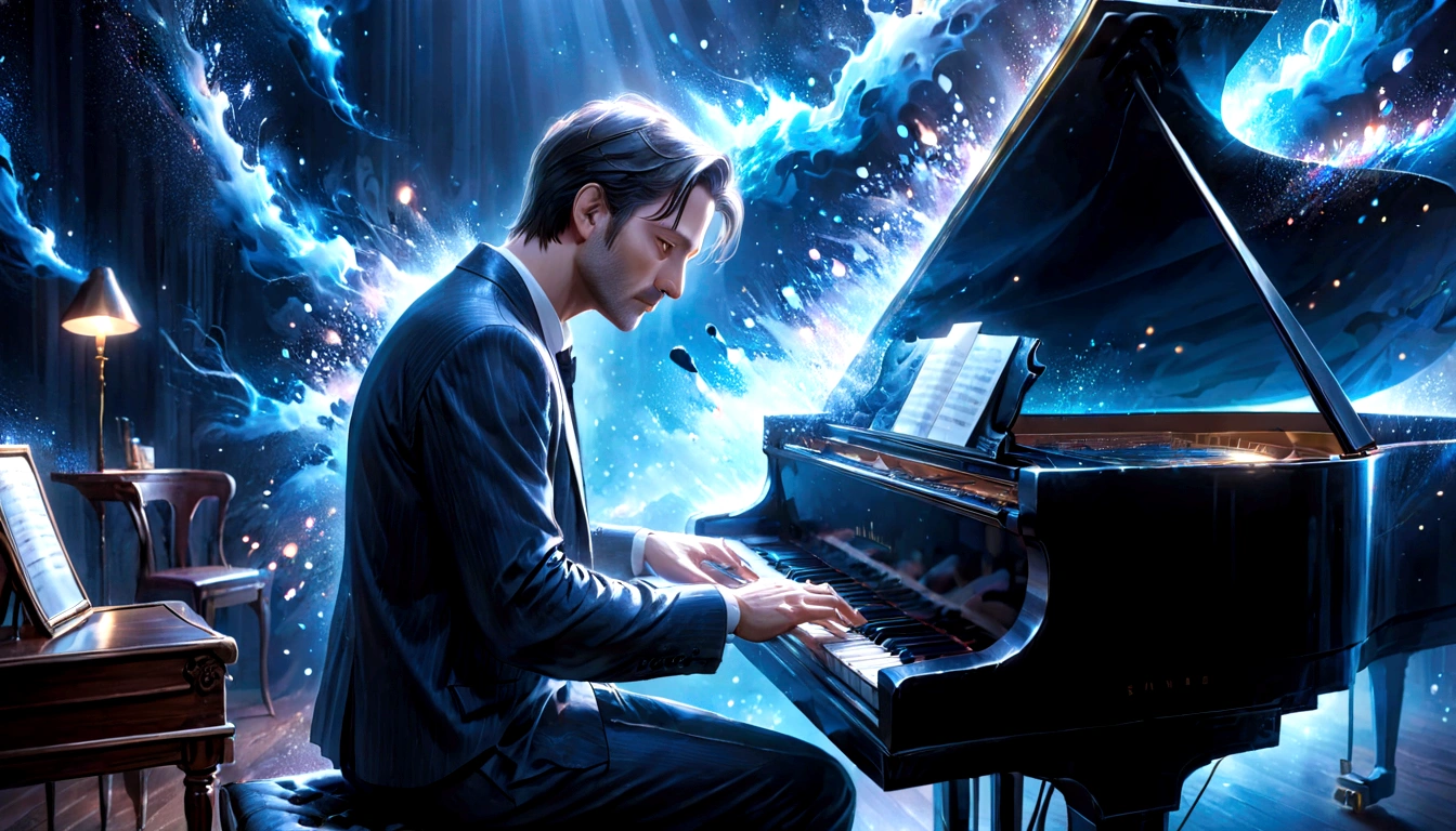 A 40-year-old man playing the piano