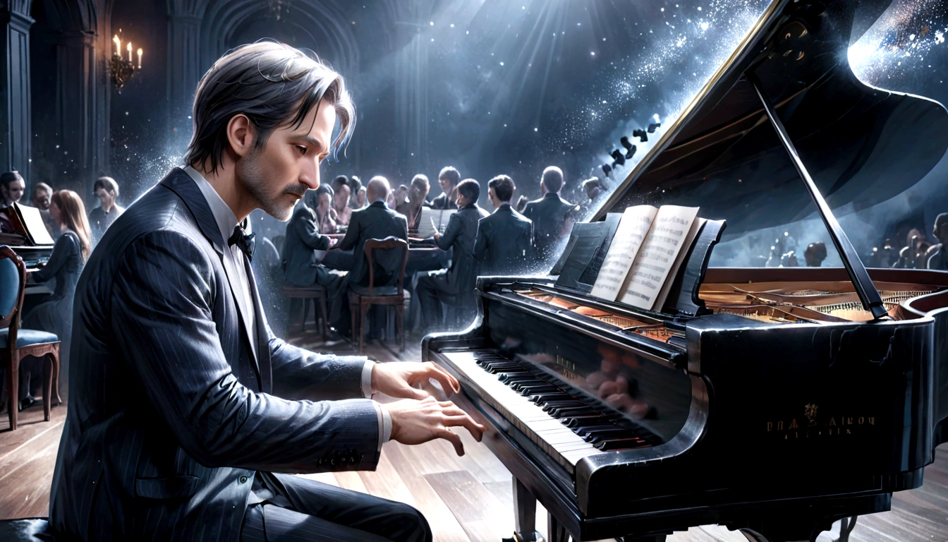 A 40-year-old man playing the piano
