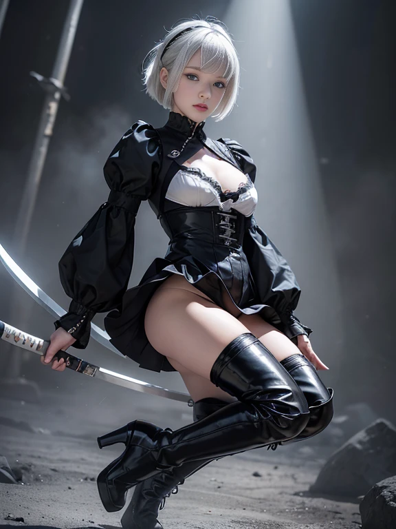 8K,Masterpiece,One woman,japanese sword,Smile,30 years old,blue eyes,White Hair,Short Bob Hair,(Gothic ta),Dutch beauty,Ella Freya(Ella Freya),(White panties),2b, short hair, Knee socks, gloves, Long sleeve, dress, Slender figure, Cleavage, Small breasts, Gray Hair, hair band, boots, Puffy sleeves, black Knee socks, Black footwear, Mole, black dress, High heels, leotard, Clothing cutouts, thigh boots, Cleavage cutout, black hair band, Juliet Sleeve, high heel boots,Dynamic Angle,Panty Shot