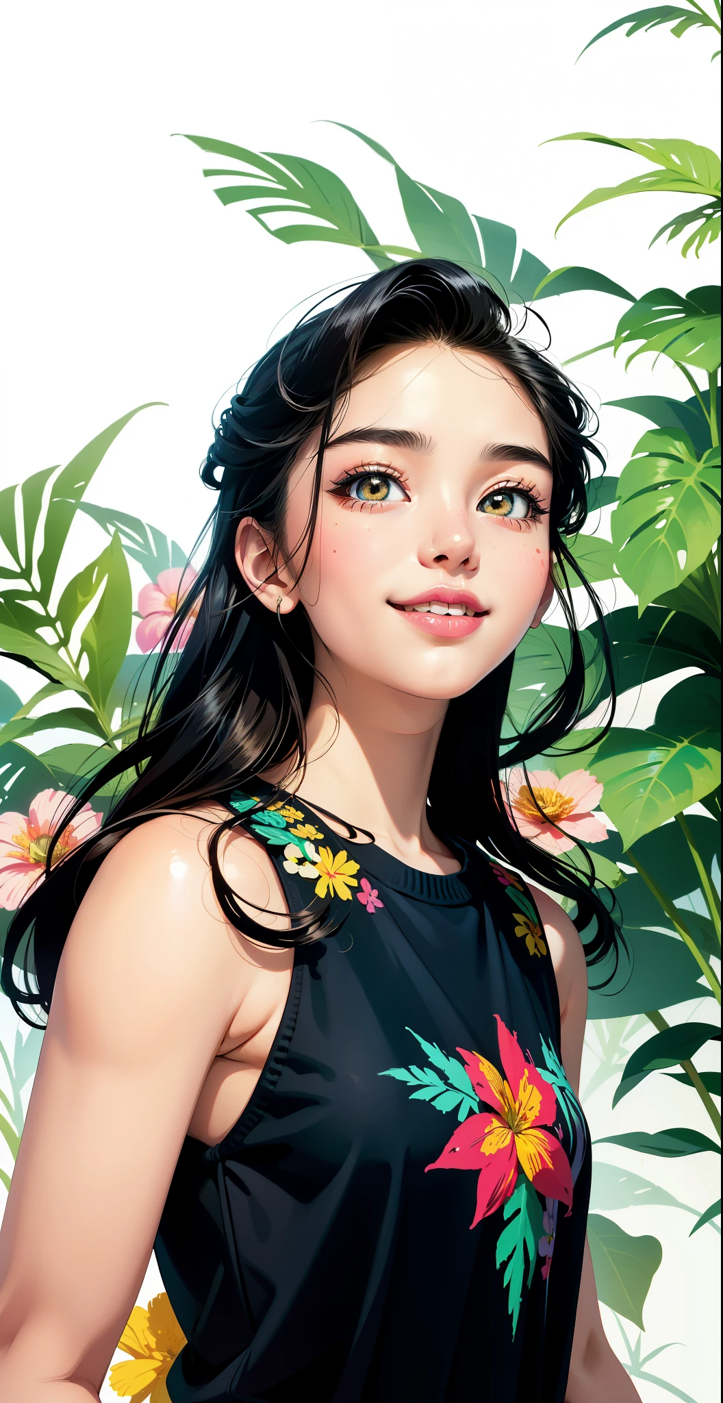 Create digital artwork in the Pop Art style, Featuring a vibrant and confident young Asian girl,street fashion, Movie color scheme, big smile, wink eye, Surrounded by vintage flower motifs, Vibrant brushstrokes,Emotions should be dynamic, Upper body, Drawing, illustration, escala cinza, tropical, Many flowers,