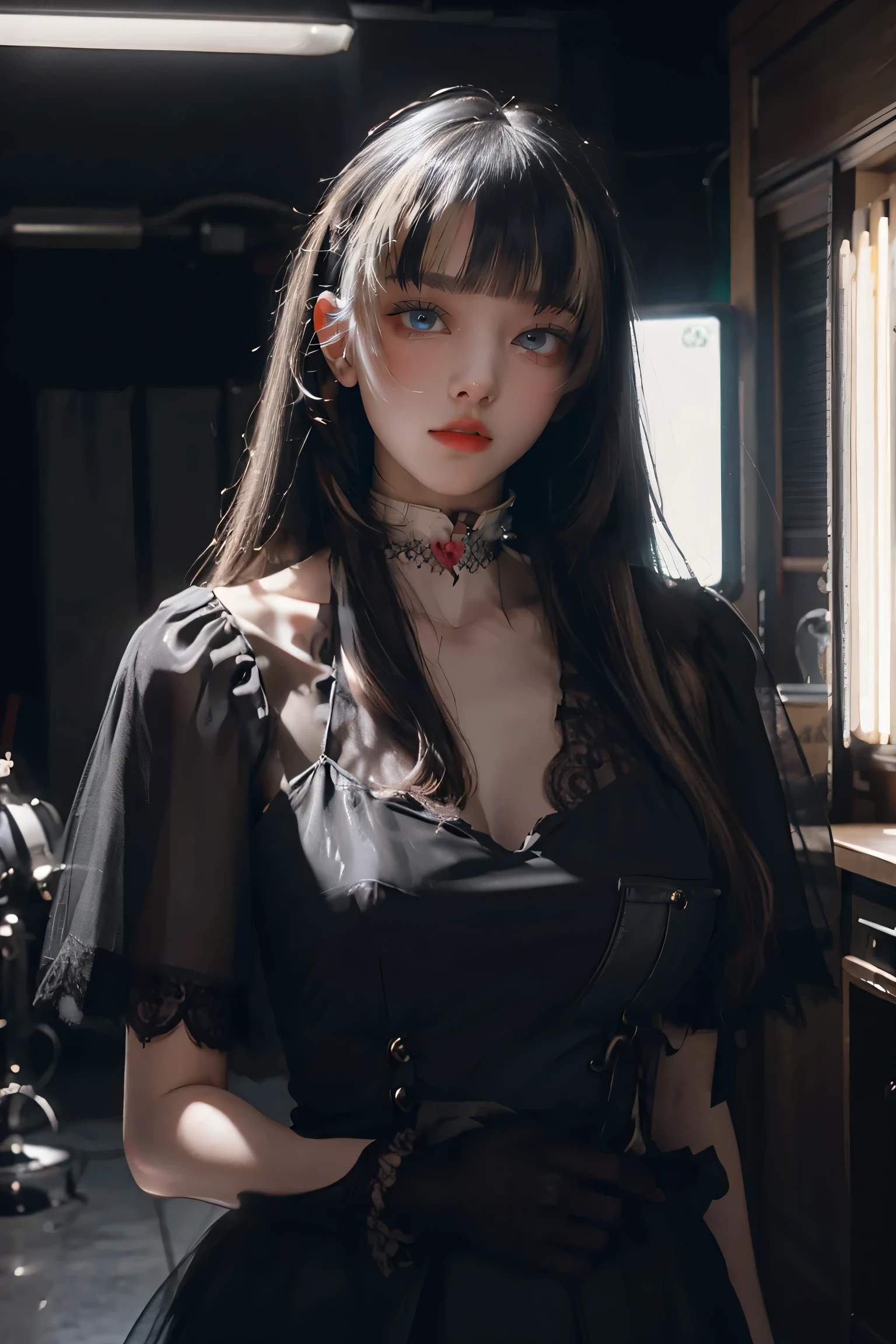 (((NSFW0.7)))，Beautiful girl with realistic black eyes, Pale skin, Long black hair, Perfect Face, Perfect Eyes, ((See through)),((Deep V-neck tight lace dress)) Very detailed, General Movies, Digital Painting, 8k, Cinema Lighting, highest quality, High resolution, well done!, Post-processing, Perfect results, Surreal，(((Revealing clothing)))，Big Breasts，choker