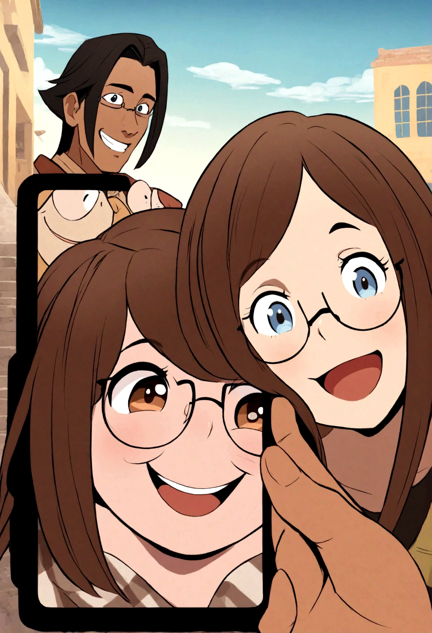 An illustration of an adorable young man showing his teeth and playing on his cell phone, Highlights include a chubby mulatto with glasses smiling and a brunette woman with beautiful expressive eyes - the man&#39;s skin is mulatto and the man&#39;s hair is black while the woman&#39;s skin is black and the woman&#39;s hair is straight and brown. They are a bright room, cada um com um sorriso no rosto, e compartilhar um momento especial caracterizado pelo amor, Perceptions. Illustrate this scene from a perspective where they are facing the camera, Smiling and showing your connection. Desenvolva esta arte em Full HD, Focus on your cinematic flair, Disney Pixar animation style