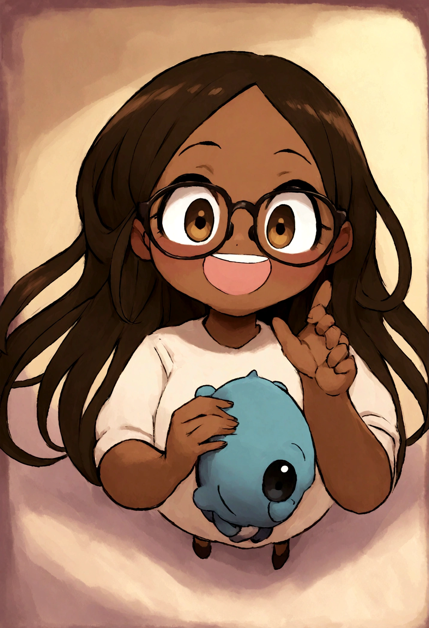 An illustration of an adorable young man showing his teeth and playing on his cell phone, Highlights include a chubby mulatto with glasses smiling and a brunette woman with beautiful expressive eyes - the man's skin is mulatto and the man's hair is black while the woman's skin is black and the woman's hair is straight and brown. They are a bright room, cada um com um sorriso no rosto, e compartilhar um momento especial caracterizado pelo amor, Perceptions. Illustrate this scene from a perspective where they are facing the camera, Smiling and showing your connection. Desenvolva esta arte em Full HD, Focus on your cinematic flair, Disney Pixar animation style