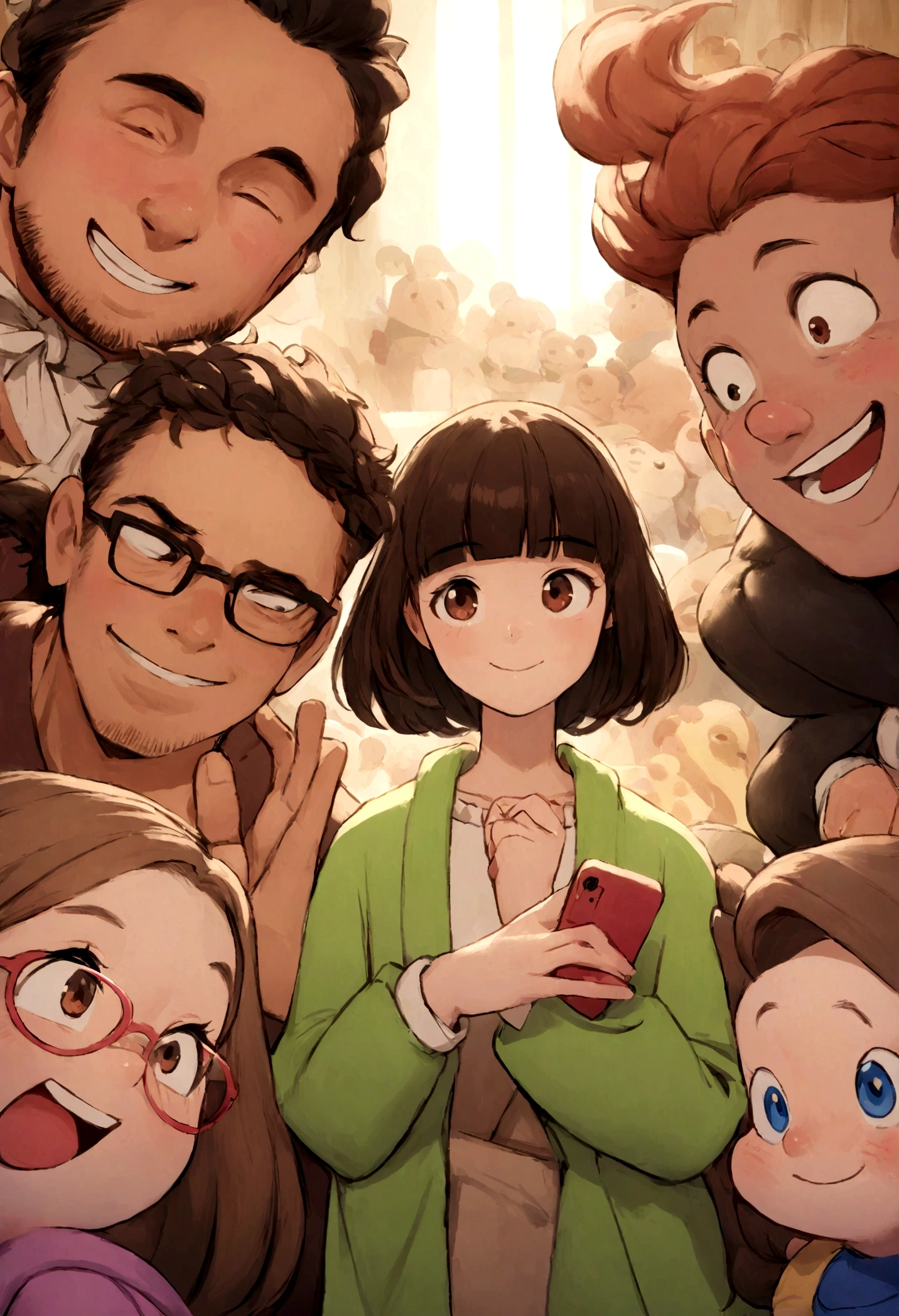 An illustration of an adorable young man showing his teeth and playing on his cell phone, Highlights include a chubby mulatto with glasses smiling and a brunette woman with beautiful expressive eyes - the man's skin is mulatto and the man's hair is black while the woman's skin is black and the woman's hair is straight and brown. They are a bright room, cada um com um sorriso no rosto, e compartilhar um momento especial caracterizado pelo amor, Perceptions. Illustrate this scene from a perspective where they are facing the camera, Smiling and showing your connection. Desenvolva esta arte em Full HD, Focus on your cinematic flair, Disney Pixar animation style