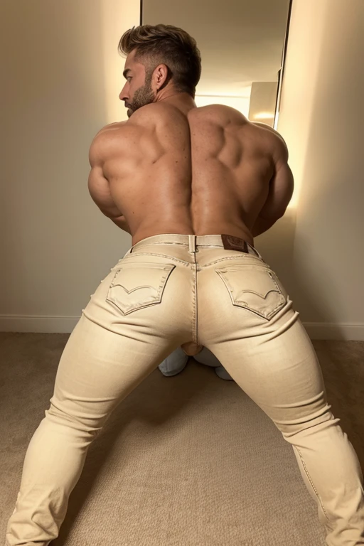 Beautiful  man 30 years old,  muscular body, barba rala, mas seu rosto esta iluminado pela fogueira. ((Beige Jeans)) ((backside)) ((Bent over))