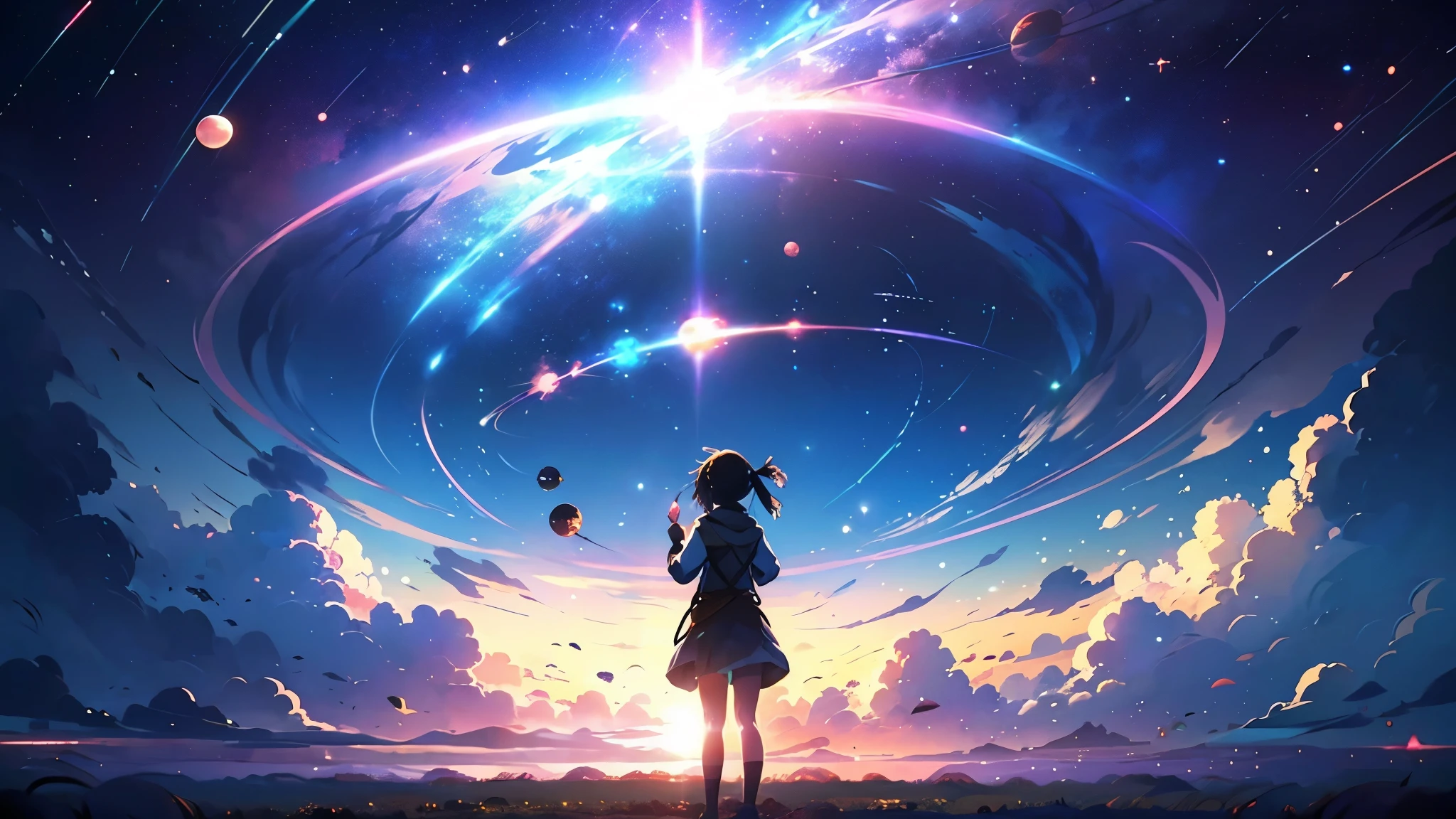 Girl pointing at the sky, profile, On the left of the screen (((Planets suffering from Rayleigh dispersion))), (((The planet is very far away))), Lots of clouds, View from above, Focus Sky