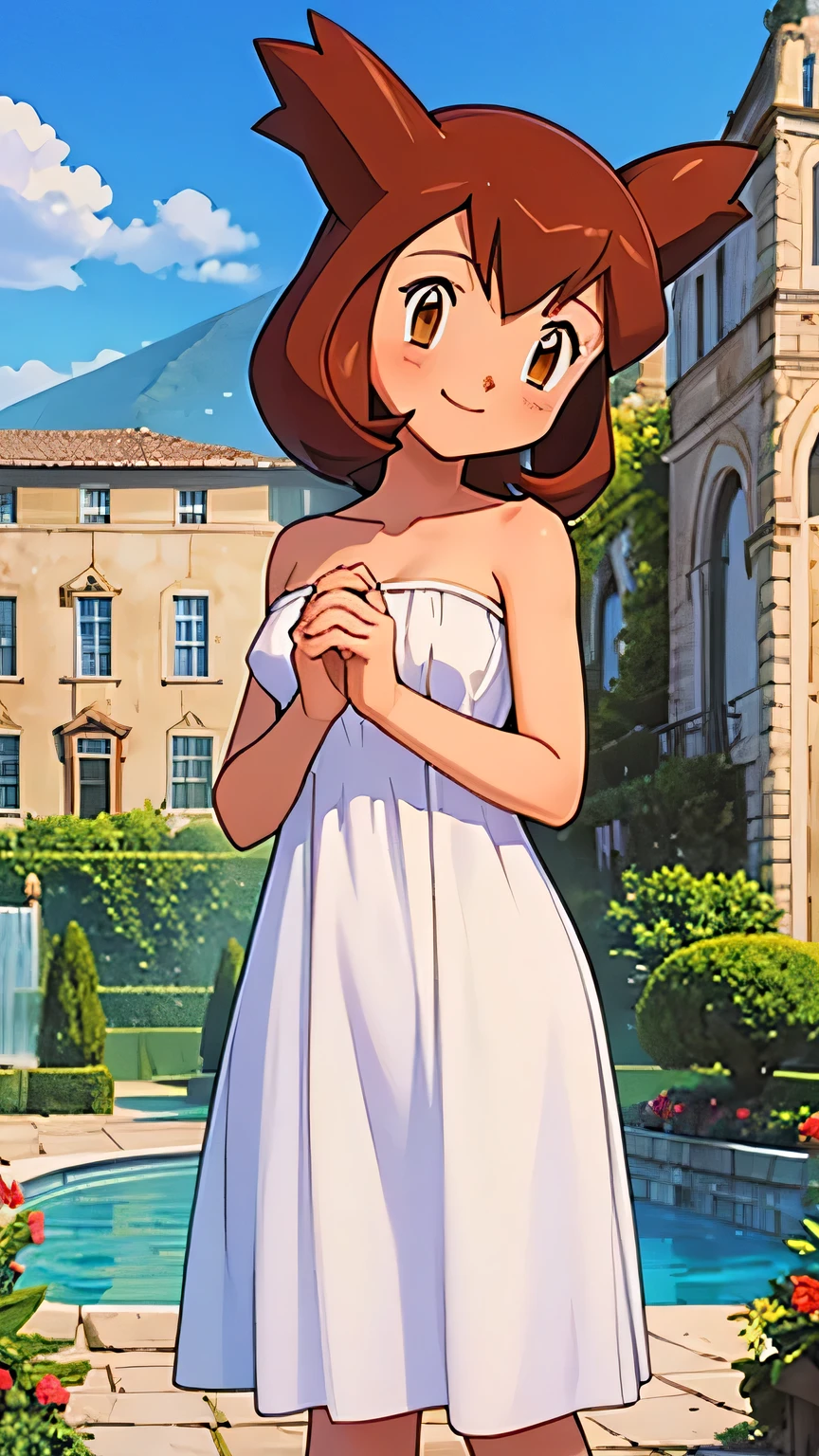 masterpiece, best quality, ultra-detailed, illustration, beautiful detailed eyes, very detailed illustration, cinematic lighting, 1 girl, solo, Pokemon Heroes (Bianca), Brown Hair, brown eyes, 1 girl, solo, Good hands are down, Smile, Blushing, Bare Neck, Bare Shoulders, strapless, White maxi dress. Standing up. Cowboy shot. A landscape of blue skies, a mountain, a mansion, an garden maze, a water pool