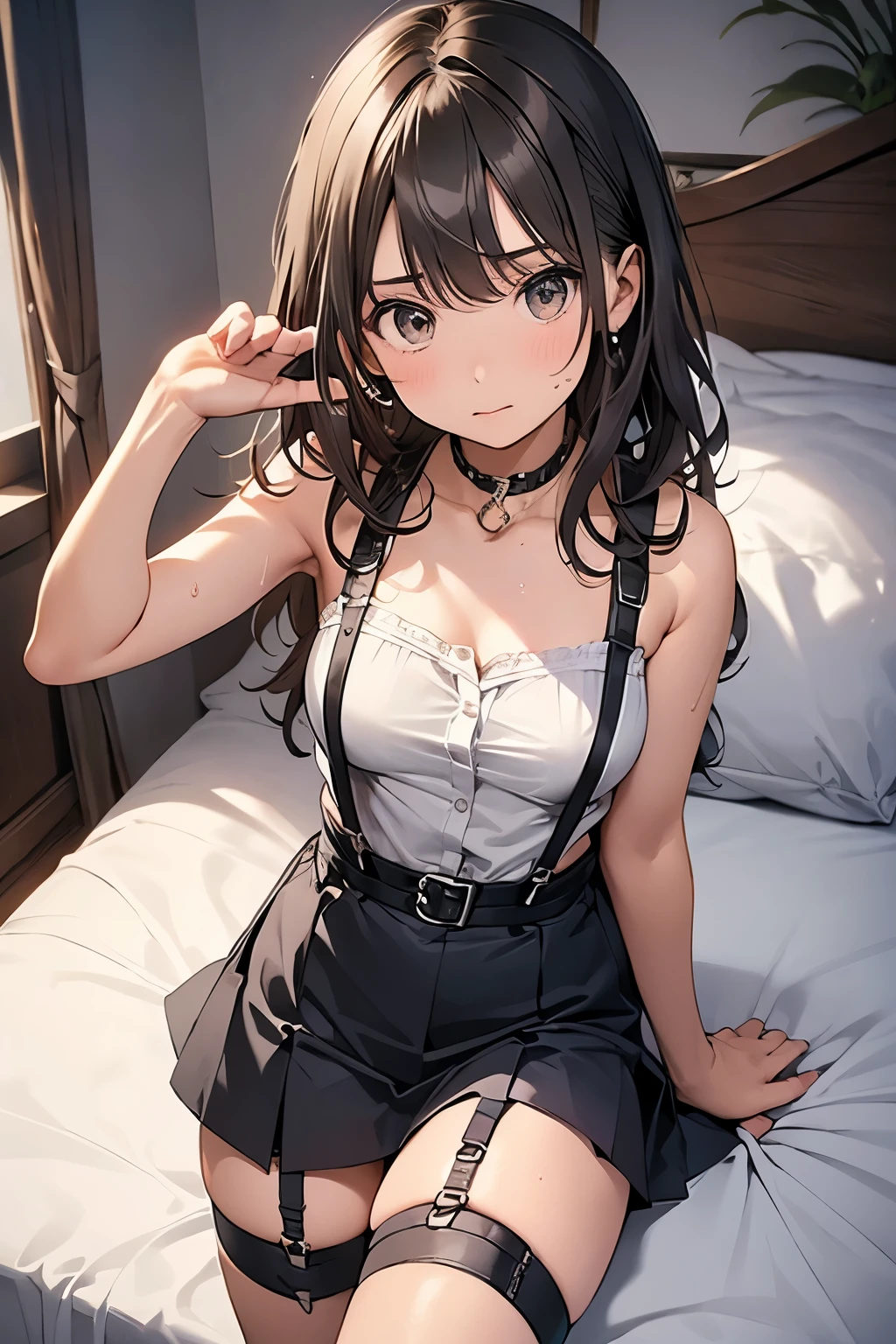 Staring at the audience　　　Black suspenders　　　bulging 　　 　 　　　wall 　mini skirt　garterbelt　garter　　　　　　sight　　　Small face　 　　　holster　　　Beautiful woman　　Show your hand　　 Lying in bed　　sight 　　Taunt　side　side汗 　arm　　belt　summer　Armpit sweat