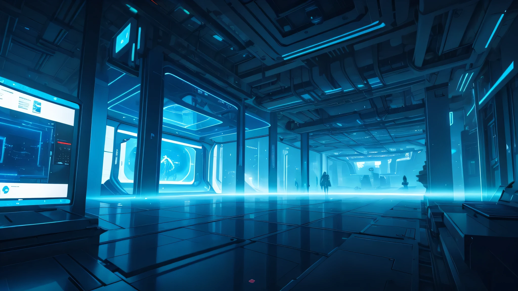 Blue Technology,Technological devices and holographic screens. Depth,perspective,symmetry,nobody,. The medium of art is digital, Focus on capturing futuristic atmosphere and environment.Symmetry scene,