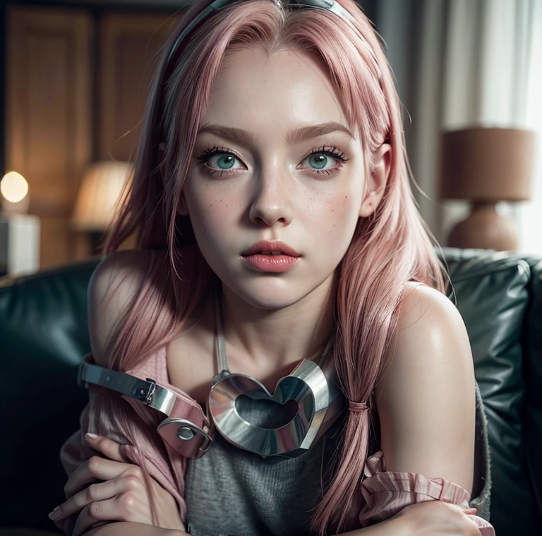 young woman, short shoulder-length pink hair, wide forehead, porcelain skin, pink eyebrows, big emerald green eyes, buttoned nose, full lips, heart-shaped face, slender body, small breasts, red tank top, Sakura Haruno , realistic, realism, details, 3d, well detailed