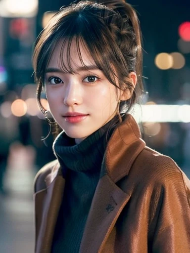One Girl,(Brown coat:1.4), (Turtleneck sweater:1.4),(RAW Photos, highest quality), (Realistic, Photorealistic:1.4), (Full Body Shot:1.3), Very delicate and beautiful, Very detailed, 8k wallpaper, wonderful, In detail, Very detailedなCG Unity, High resolution,Very clear, Soft Light, Beautifully detailed 19 year old girl, Very detailedな目と顔, Beautifully detailed nose, Beautiful fine details,Cinema Lighting,City lights at night,Perfect Anatomy,Slender body,smile (My hair is messy, Asymmetrical bangs, Black Hair,ponytail)